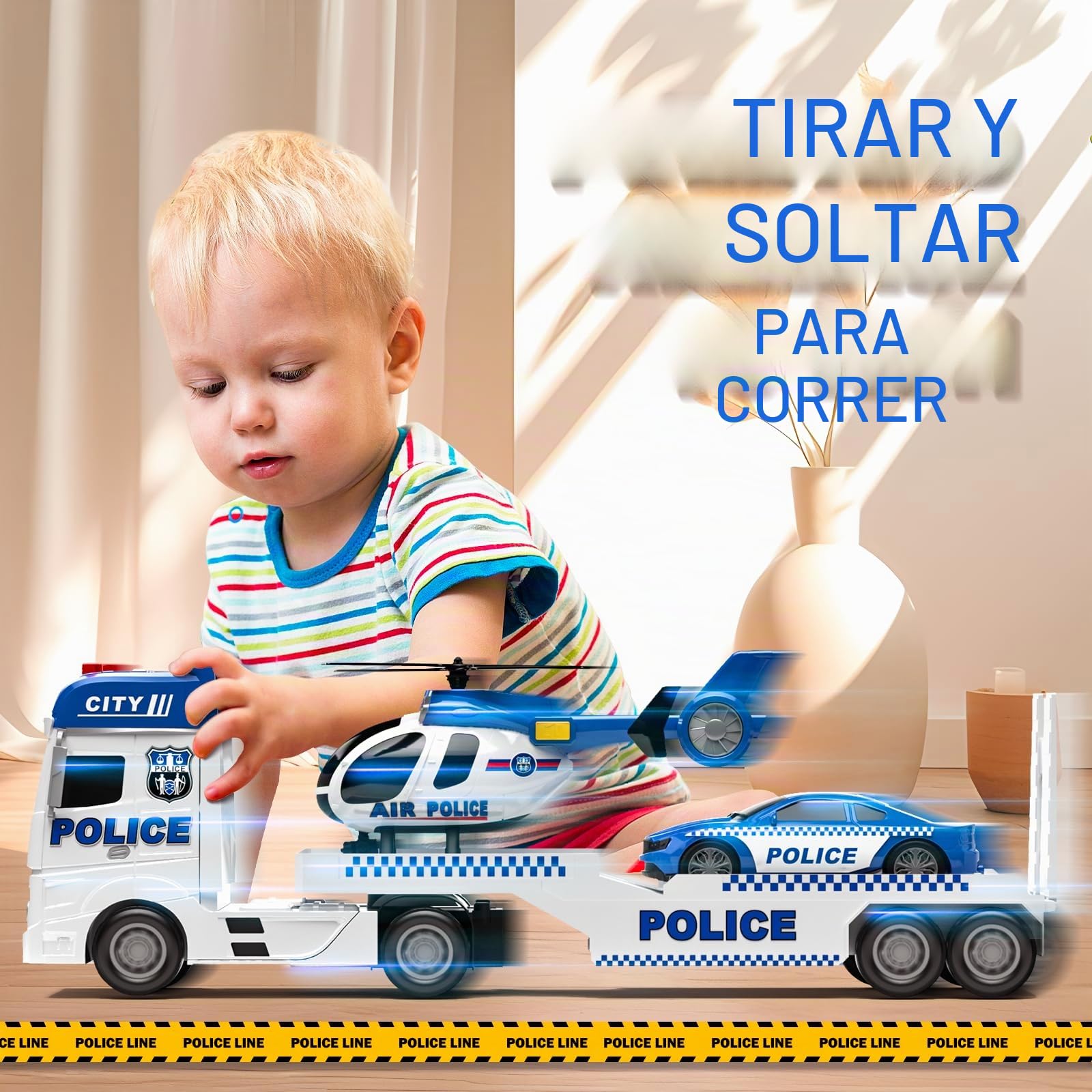 Tacobear Camión Policía de Juguetes para Niños Grande Vehículos de Camiones de Juguete con Helicóptero Coche de Policía, Camión Transportador Policía Juguete Regalo para Niños 2 3 4 5 6 años