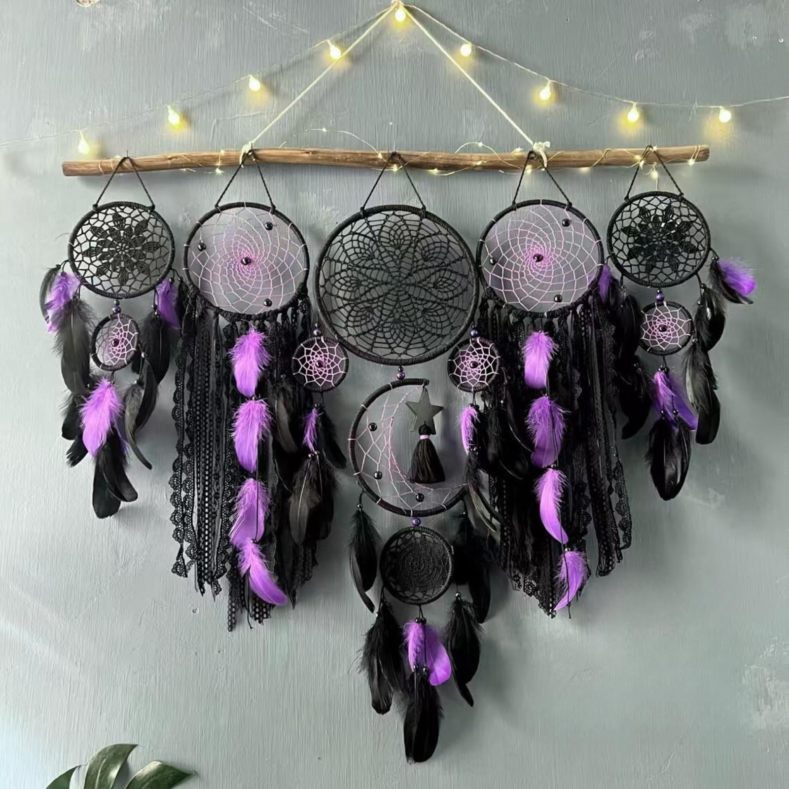 Set of 5 Boho, Hanging Large Boho Dream Catcher Wall Hanging Moon Dream Catcher Set Dream Catchers Wall Decor for Vintage Wedding Home Decorations (Black Purple)