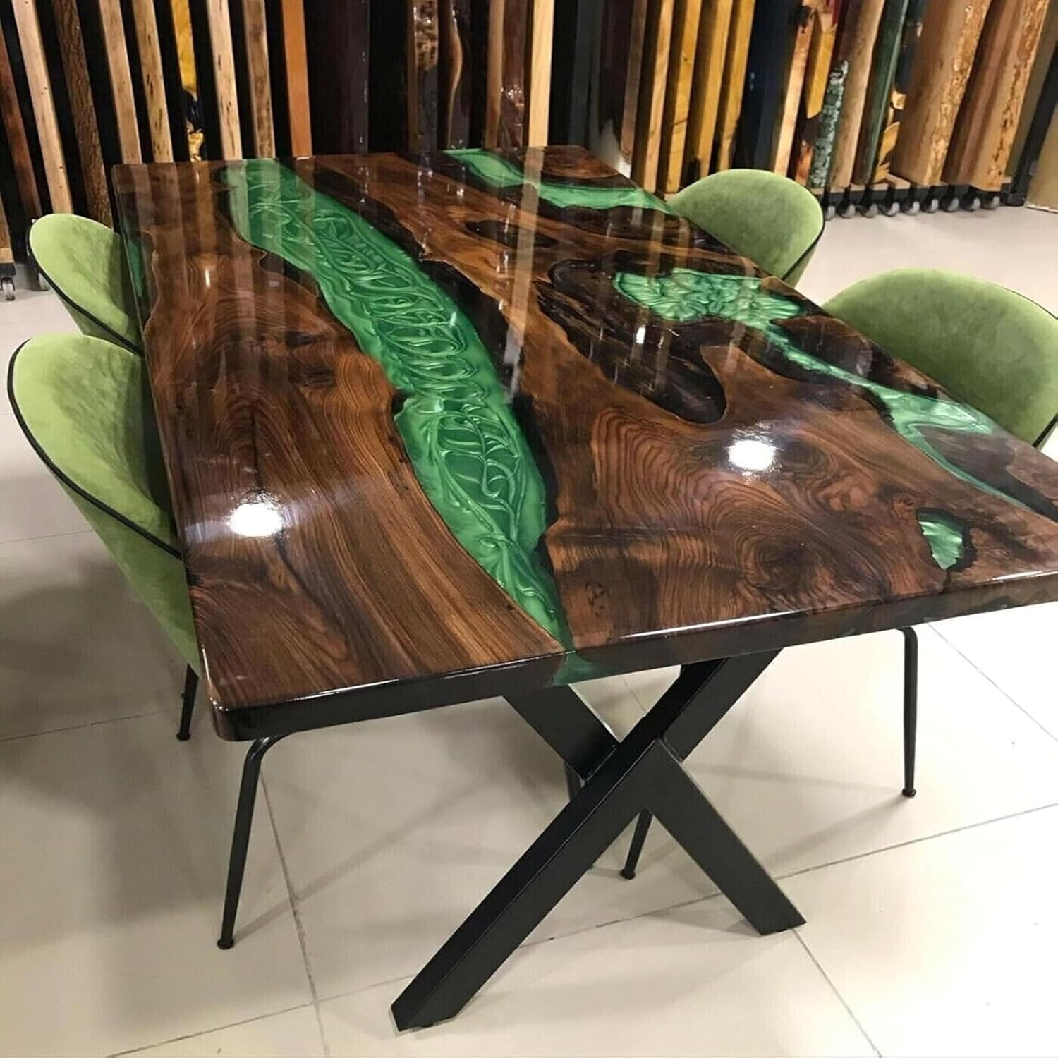 Customized Large Epoxy Table – Green River Clear Resin Dining Table for 2, 4, 6, 8 – Handmade Epoxy Coffee Table – Living Room & Home Décor Furniture