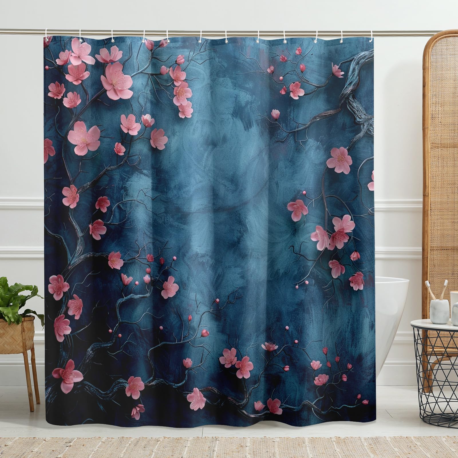 Cherry Blossom Floral Shower Curtain, Navy Blue Spring Bathroom Decor, Modern Minimalistic Waterproof Fabric Shower Curtain Set with Hooks 72x78 Inch