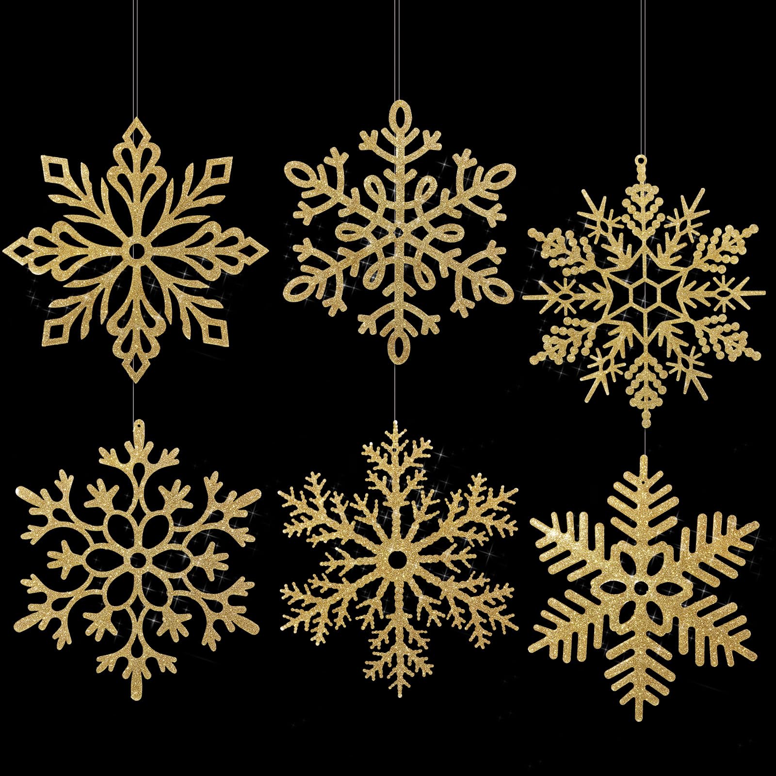 Sratte Lot de 24 flocons de neige géants à paillettes de 40,6 cm - 6 motifs - Décoration de Noël à suspendre - Flocons de neige avec fil en nylon (doré)