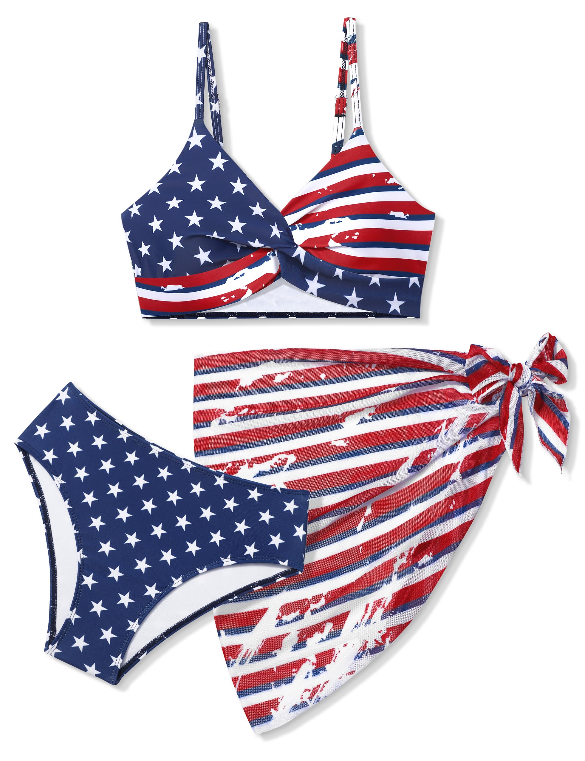 Girls Swimsuit, Bathing Suits 3 Piece Tropical Floral Twist Cross Bikini Sets Girls' Swimwear with Cover Up Skirt 7-16T