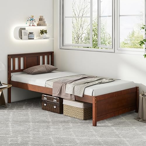 Miniatura 3 de Giantex Marco de cama individual con cabecero, cama de plataforma de madera maciza de mediados de siglo, cama de panel individual con soporte de