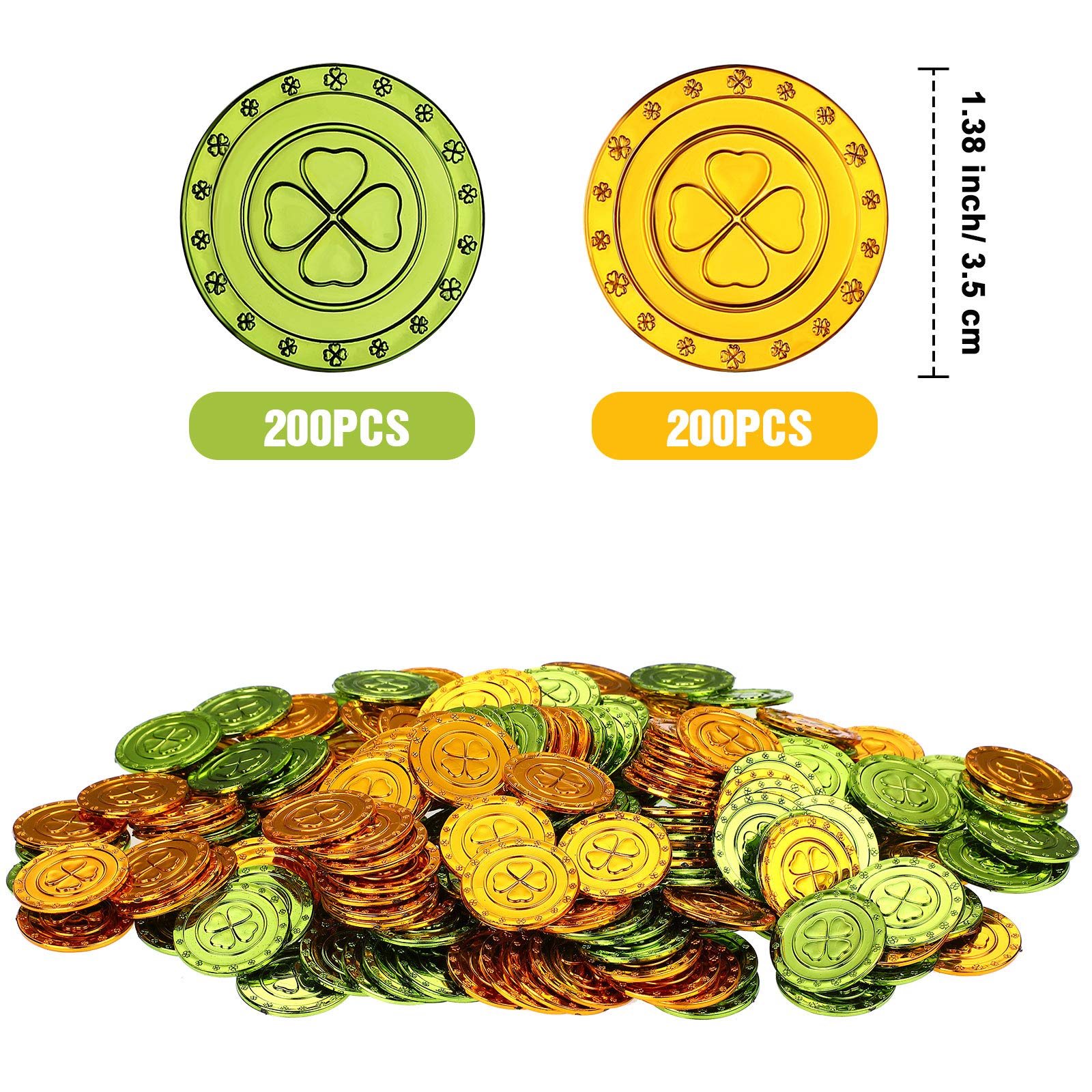 400 Pieces St. Patrick's Day 4 Leaf Clover Coins, Good Luck Coins Green and Gold Coins Plastic Table Sprinkles for Party Supplies St. Patrick's Day Decorations
