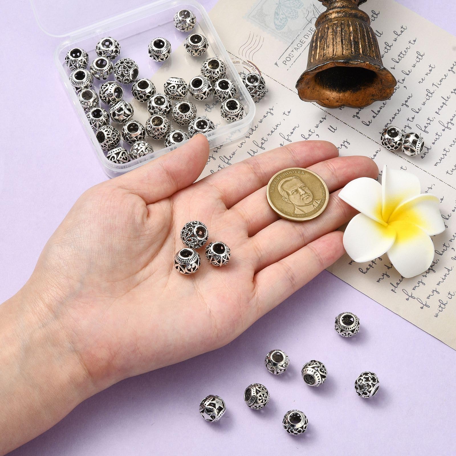 UR URLIFEHALL 40 Pcs 10 Styles Tibetan Style Antique Silver Spacer Beads Large Hole Round Beads for Jewellery Making Bracelets Hairband Crafts - Image 4