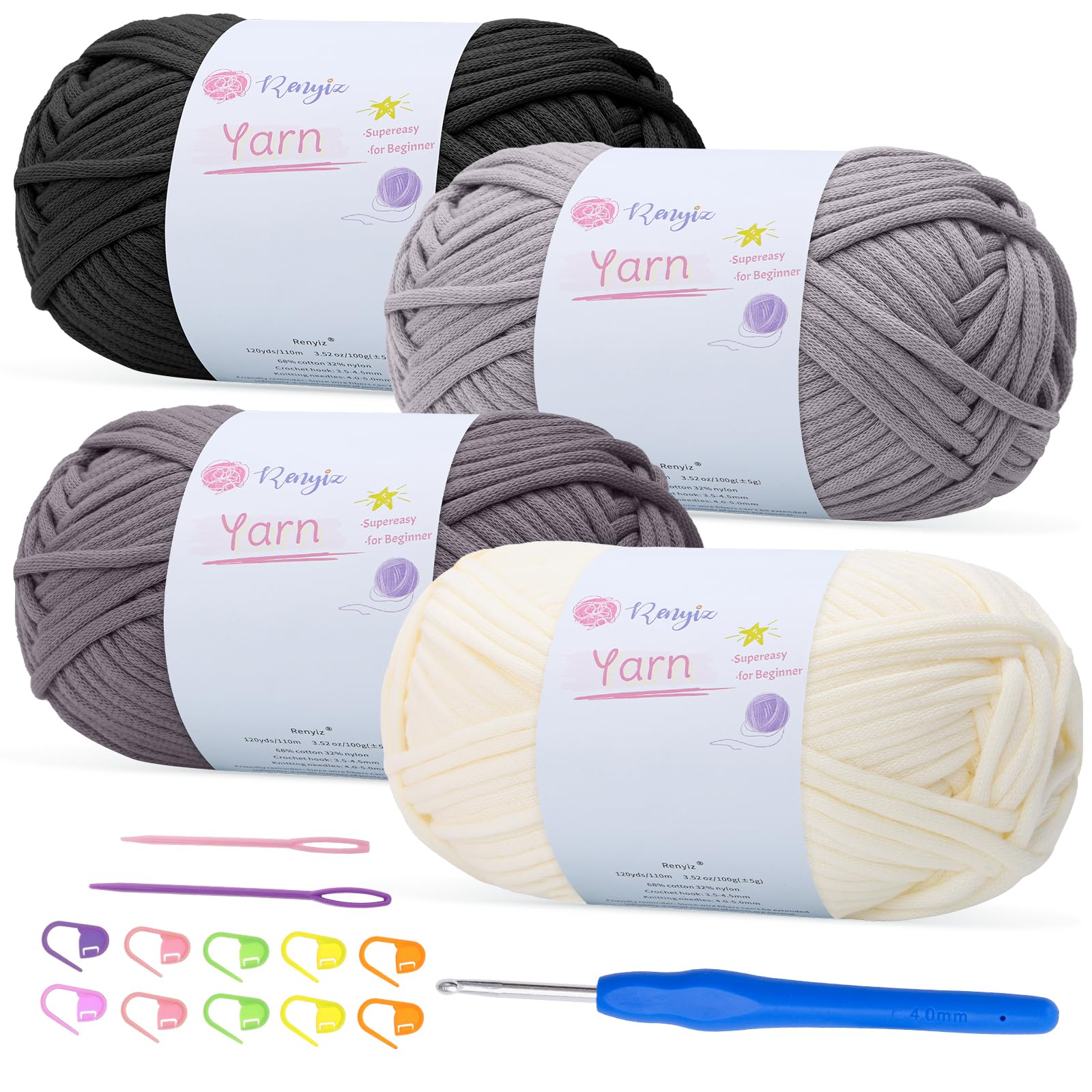 Renyiz 4-Pack 100g Chunky Cotton Crochet Yarn with 4mm Hook, Soft Non-Split Thick Yarn for Amigurumi DIY Gifts, Home Decor, Beginner Projects (Black+LightGrey+Darkgrey+Offwhite)