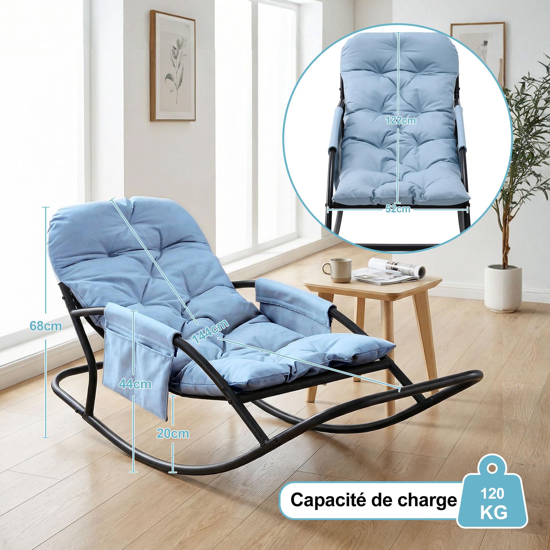 Fauteuil à Bascule Extérieur, Rocking Chair Papasan avec Coussin et Cadre, Cadre en métal Soutien des Pas, pour Chambre, Salon, Terrasse, Jardin,capacité de Charge 120 kg,Tissu Technique