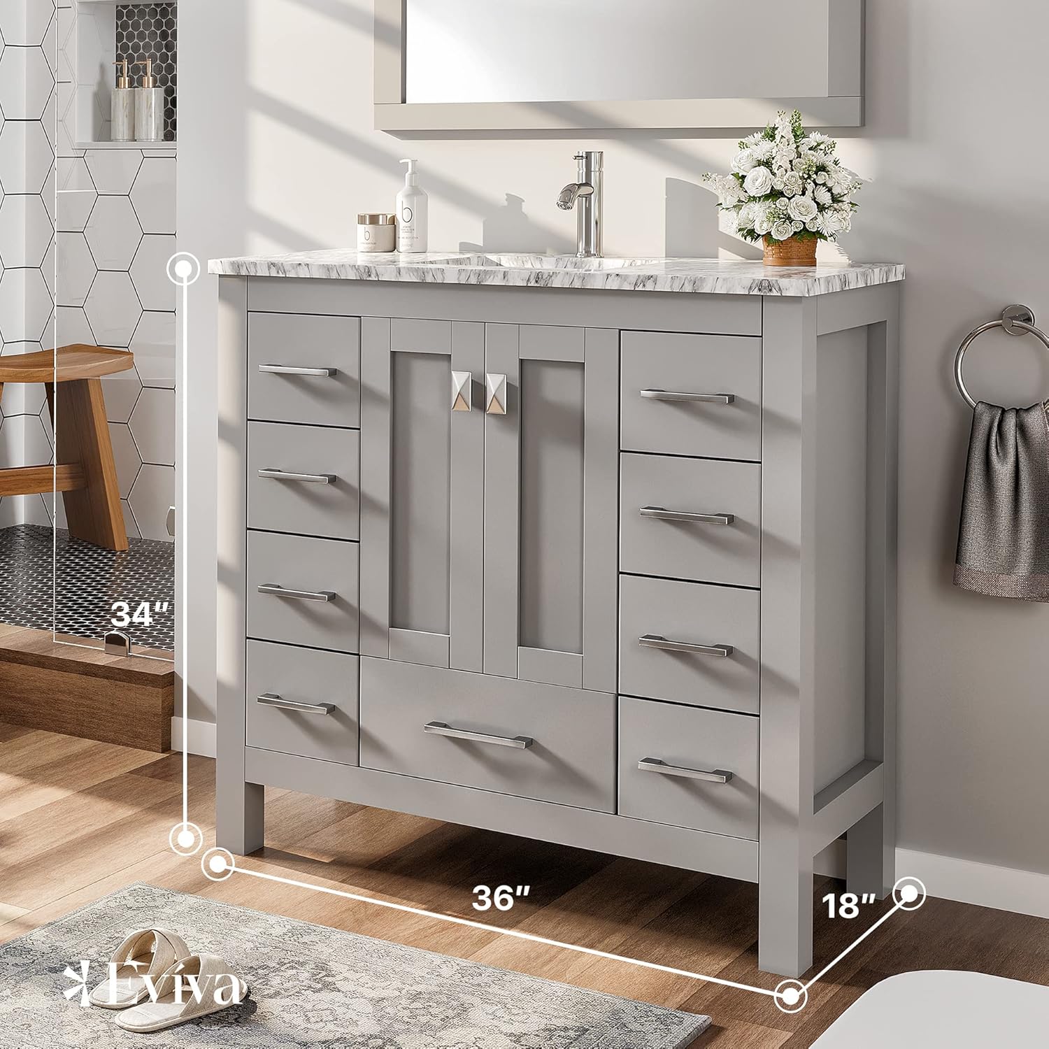Eviva Hampton Gray Vanity: Luxurious 36 Inch Bathroom Vanity with Sink Top - Freestanding Bathroom Sink and Cabinet Combo with Modern Design and Functional Storage