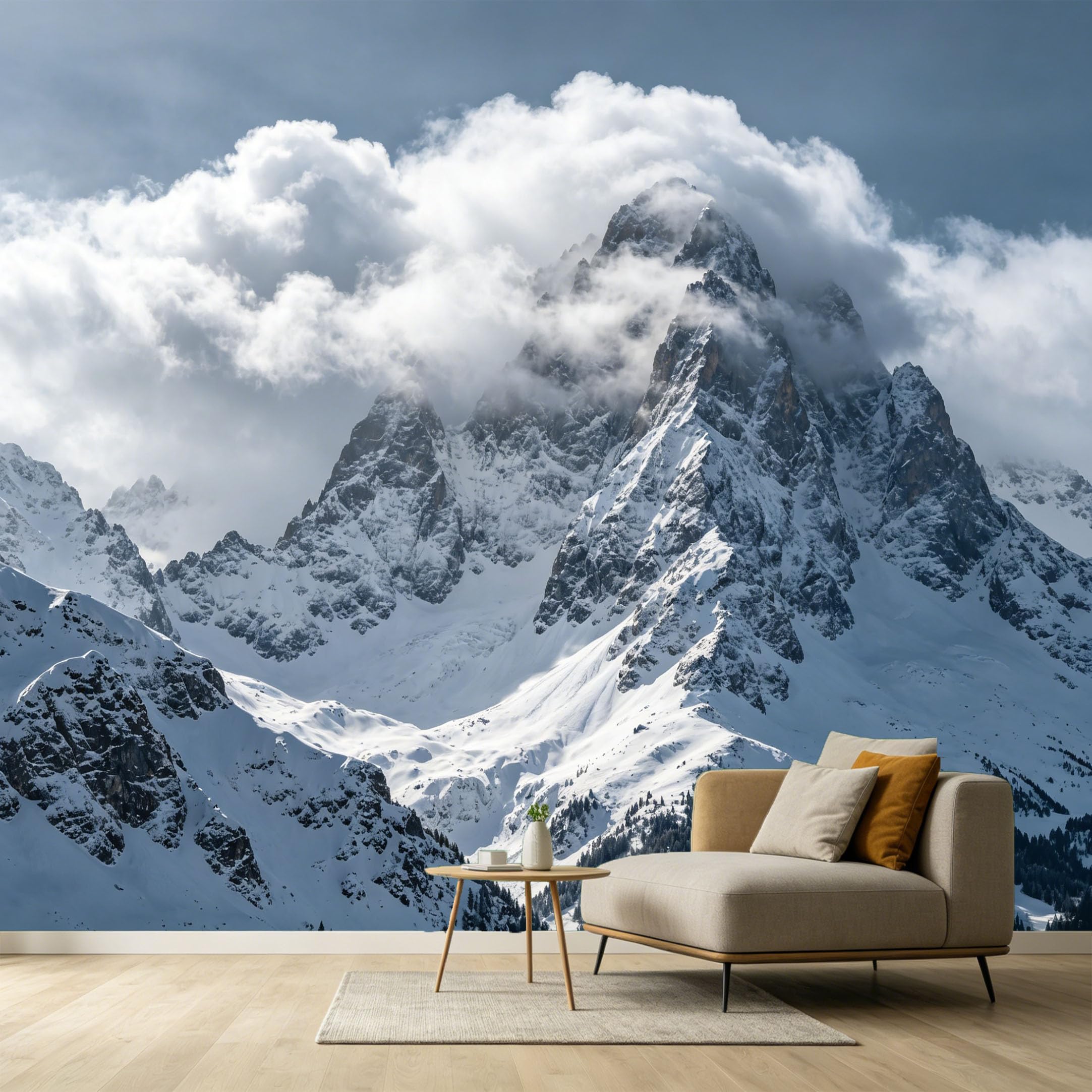 Custom Size Wall Murals Mountain Lake Landscape Snowy Peaks Cloud Covered Alpine Scenery SelfAdhesive Wall Fabric Removable Large Wallpaper for Photo Living Room