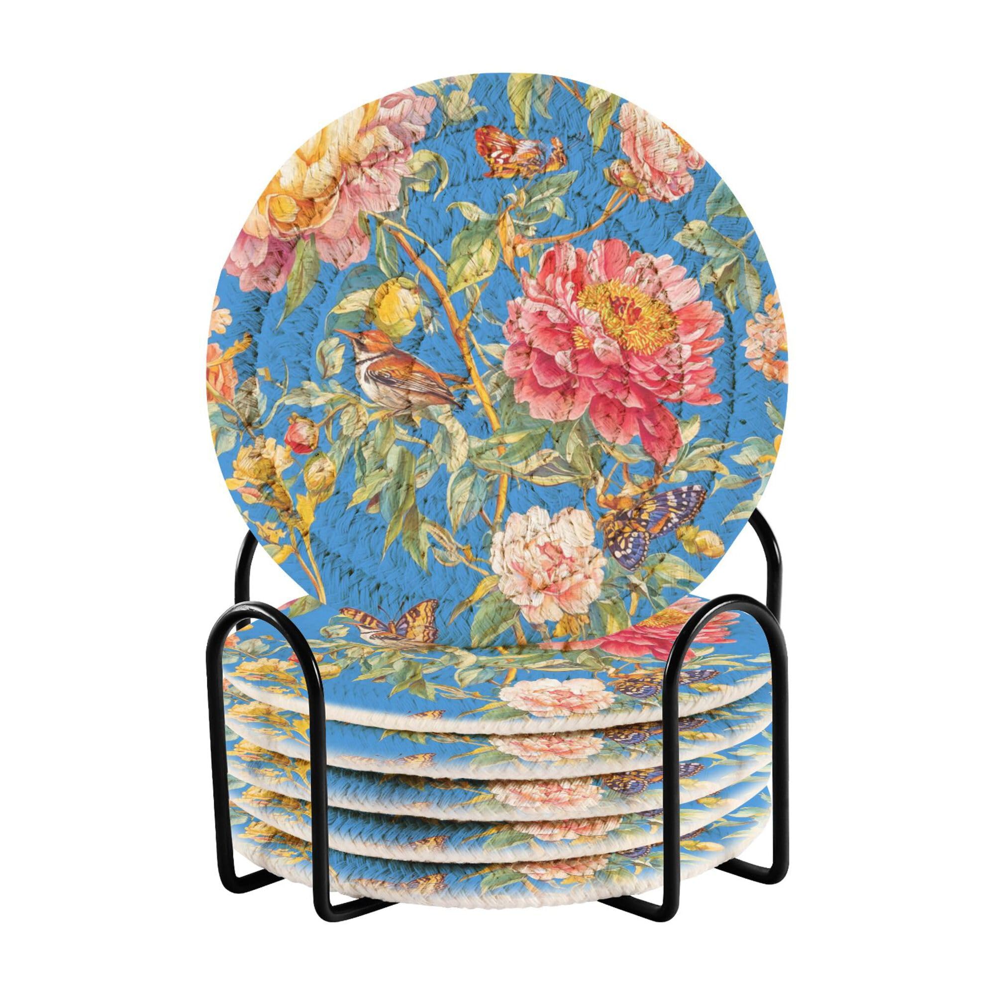 Autumn Flowers Peonies Butterflies Blue Cotton Rope Coasters and Holder Set of 6 Cotton Coasters