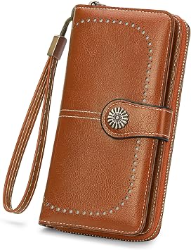 Wristlet Wallets for Women Leather Credit Card Holder Bifold Brown | RFID Blocking, Large Capacity, Ladies Phone Clutch Purse with Zippered Coin Pocket