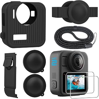 FiTSTILL硅胶保护套是Go Pro Max 2专用,包括硅胶保护壳+屏幕保护膜+电池侧盖+镜头保护膜+可调节腕带最多两个配件。