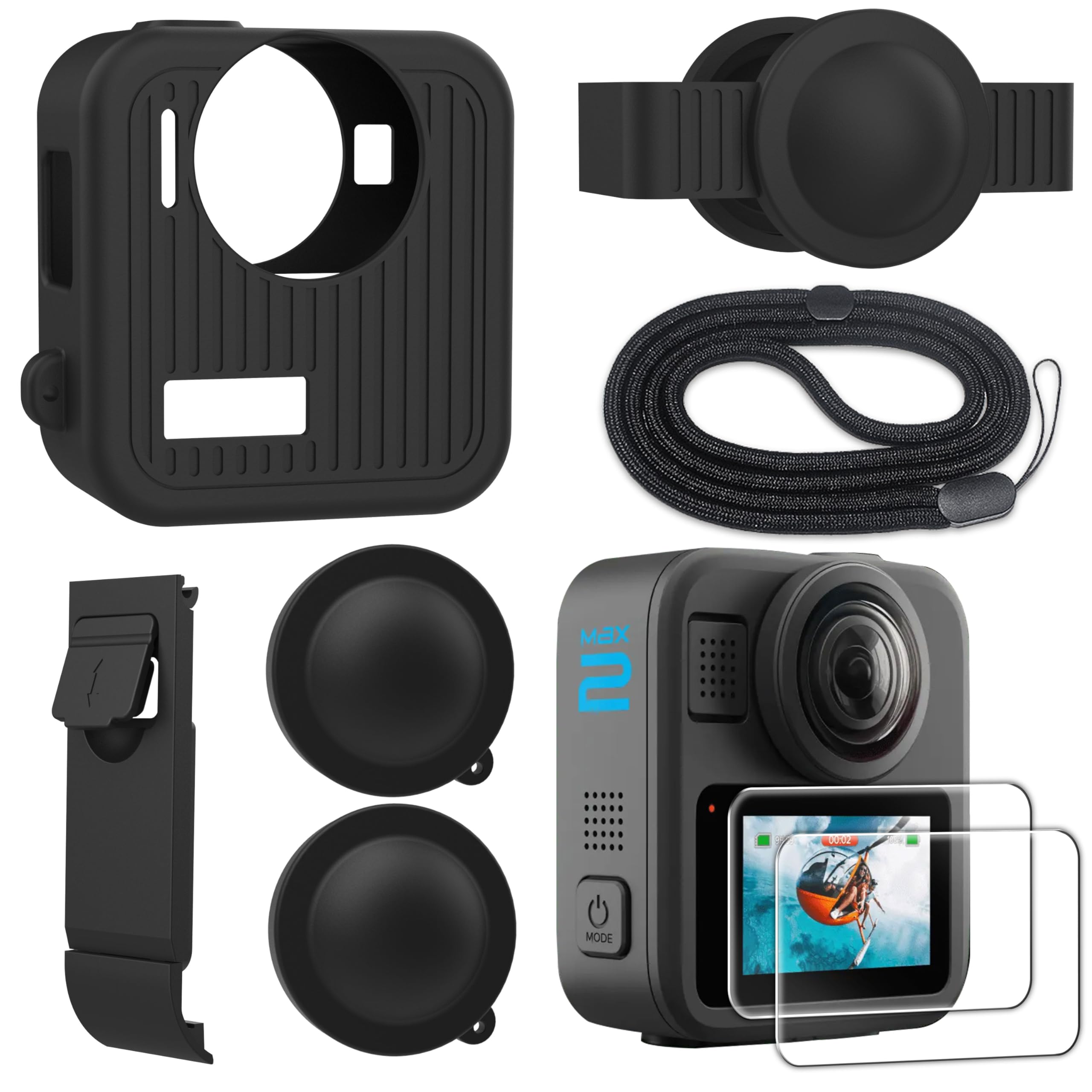 FitStill Le kit de protection en silicone est uniquement compatible avec Gopro Max 2, coque de protection en silicone + film de protection d'écran + couvercle latéral de batterie + couvercle de
