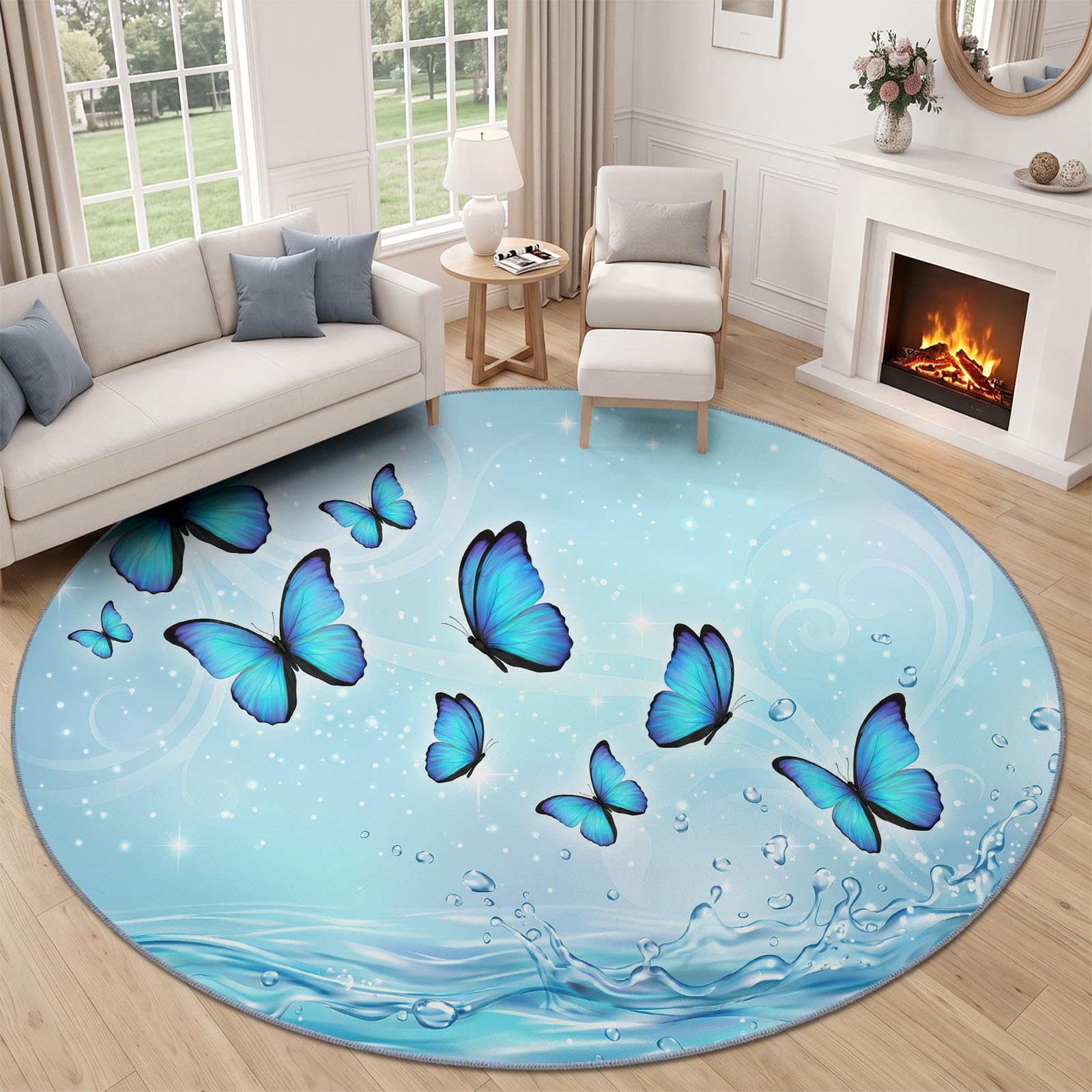 Alfombra redonda de 160 cm con diseño de mariposas azules y gotas de agua, lavable, alfombra de cuarto de bebé, alfombra de juegos para niños y niñas, alfombra de suelo, antideslizante, suave, color