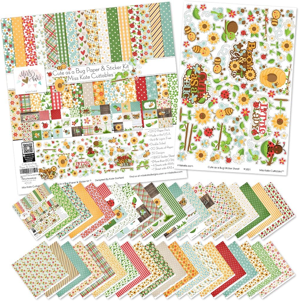Miss Kate Cuttables Paper & Sticker Kit - Cute as a Bug for Easter Spring - 20 Double-Sided 12x12 Papers with 39 Designs & 1 8X12 Sticker Sheet - Scrapbooking Card Making Crafting