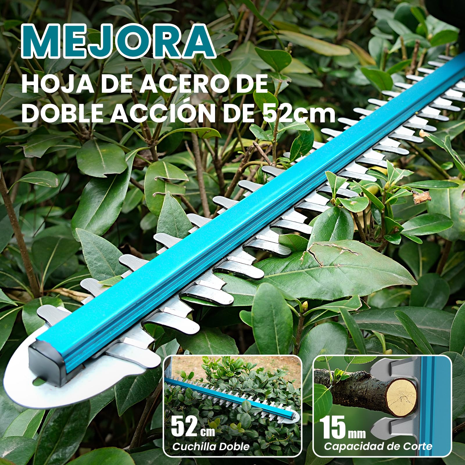 Cortasetos Bateria con 2X 4000mAh Baterías y Cargador, Motor Brushless 600W 28500rpm Cortasetos Electrico, Hoja 52cm, Corta Setos para Jardin y Arbustos