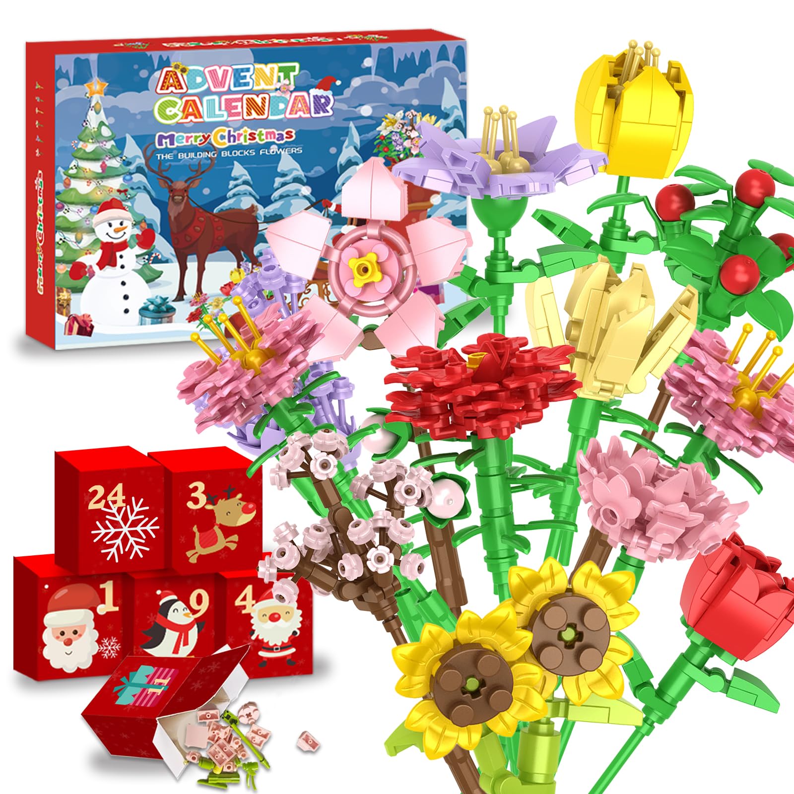 Calendario de Adviento 2025 de flores con bloques para niños, Calendario de Adviento de 24 días, Calendario de Navidad con 24 piezas de coloridos ramos de flores hechos con bloques, Juguete de flores