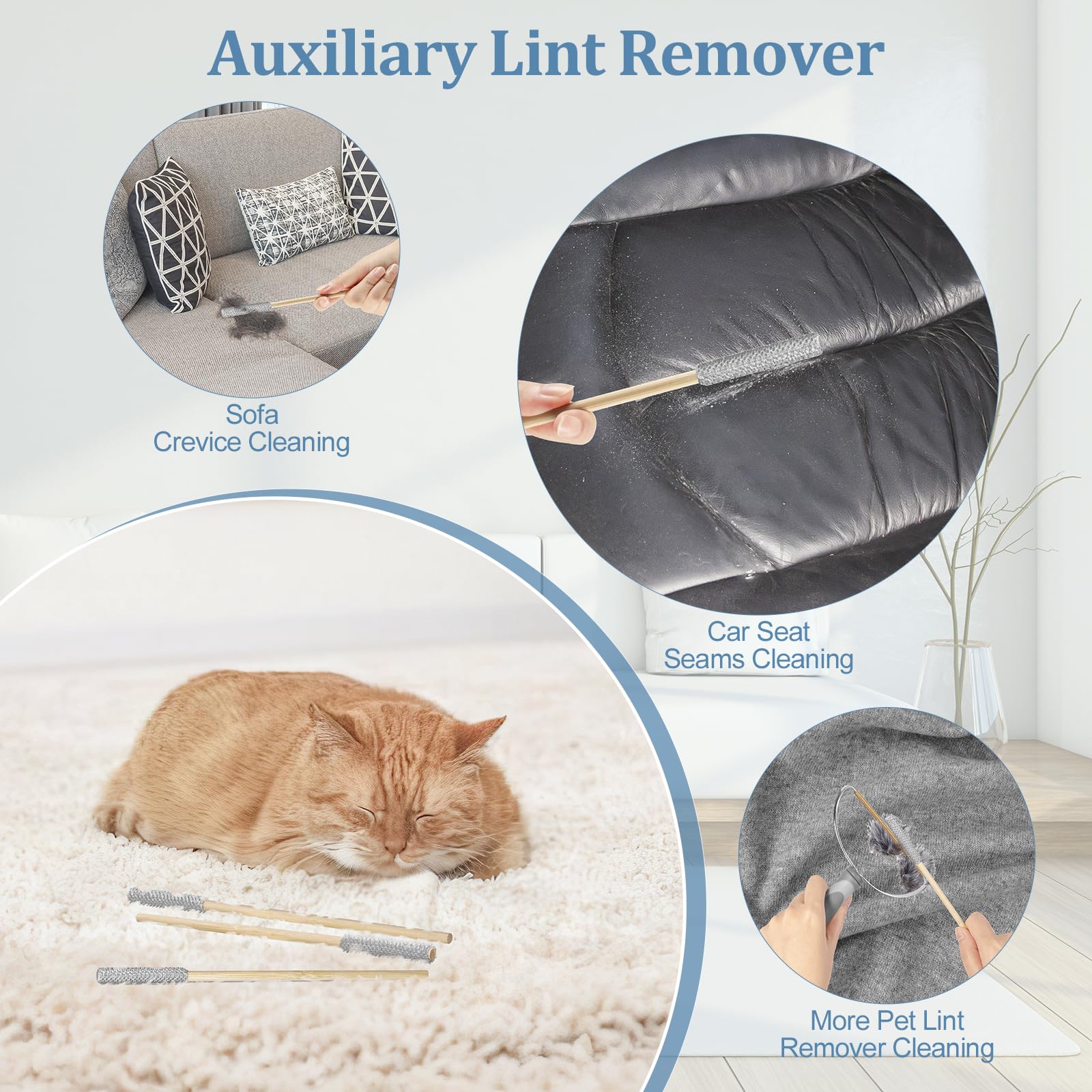 Lot de 4 outils d'épilation pour animaux de compagnie, râteau pour épilation des poils de chiens et chats, anti-peluches à long manche réglable, brosse pour tapis, canapé, meubles, gris clair