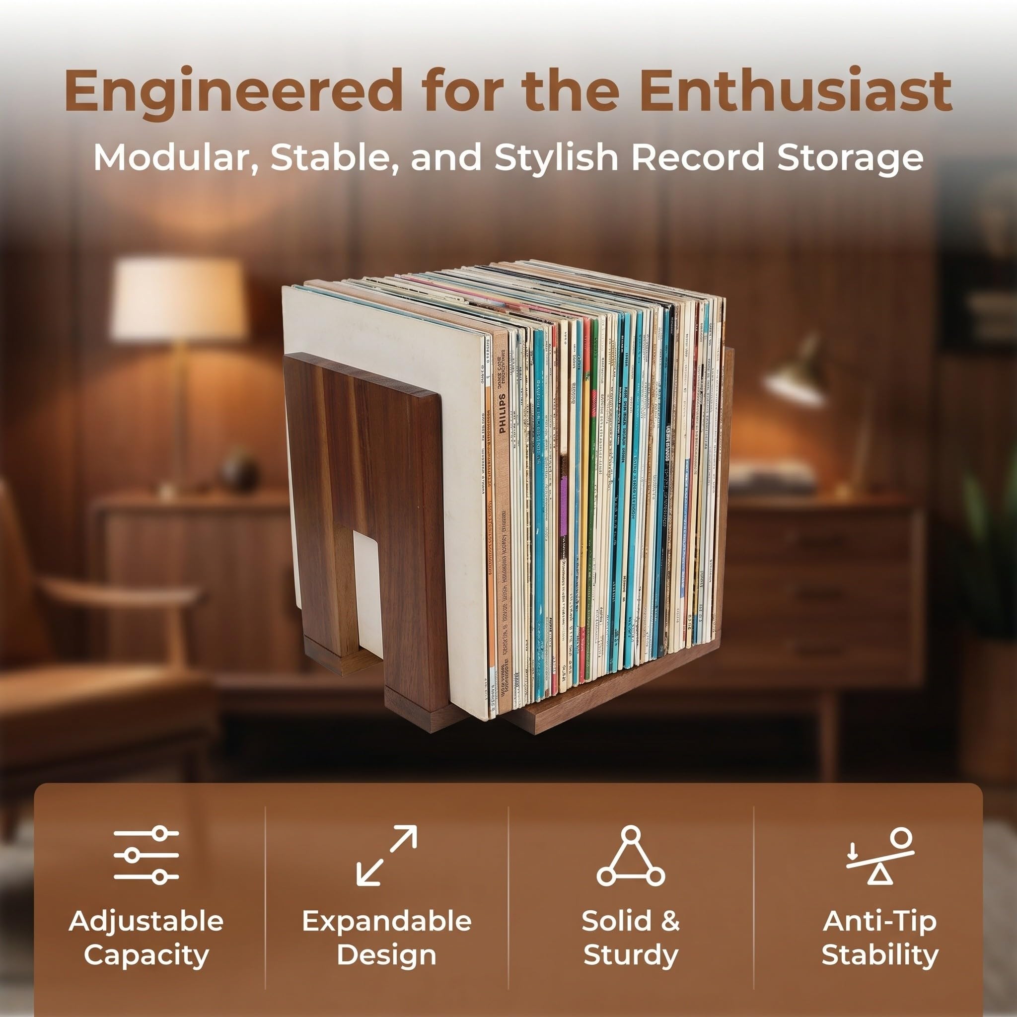 Estante ajustable de madera para discos de vinilo - Soporte extensible para discos, álbumes y revistas - Organizador versátil para el escritorio de la sala de estar o del estudio