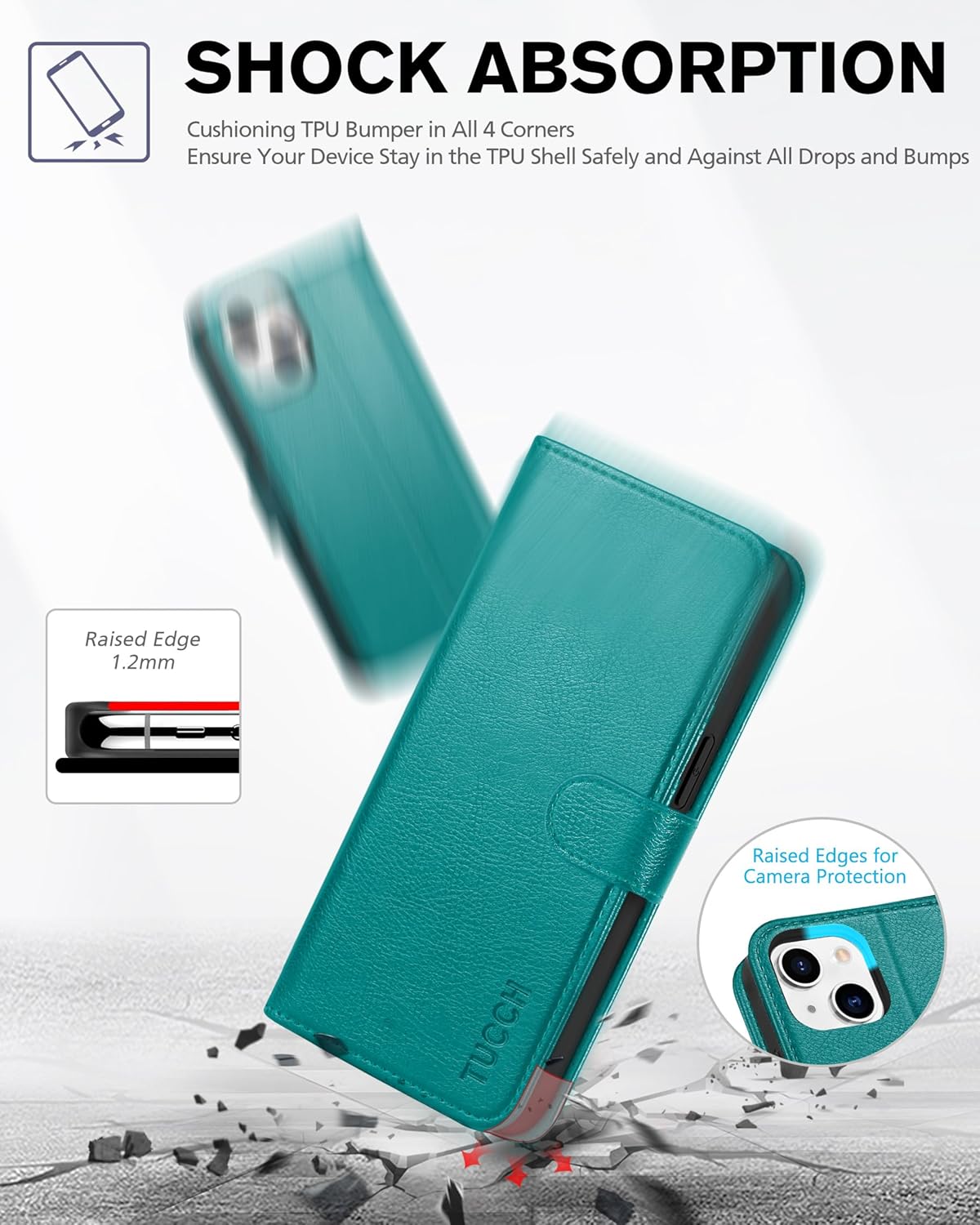TUCCH Wallet Case for iPhone 13, [RFID Blocking] [3 Card Slots] TPU Interior Protective Case, Magnetic Folio Shockproof PU Leather Stand Flip Cover Compatible with iPhone 13 6.1 5G, Cyan