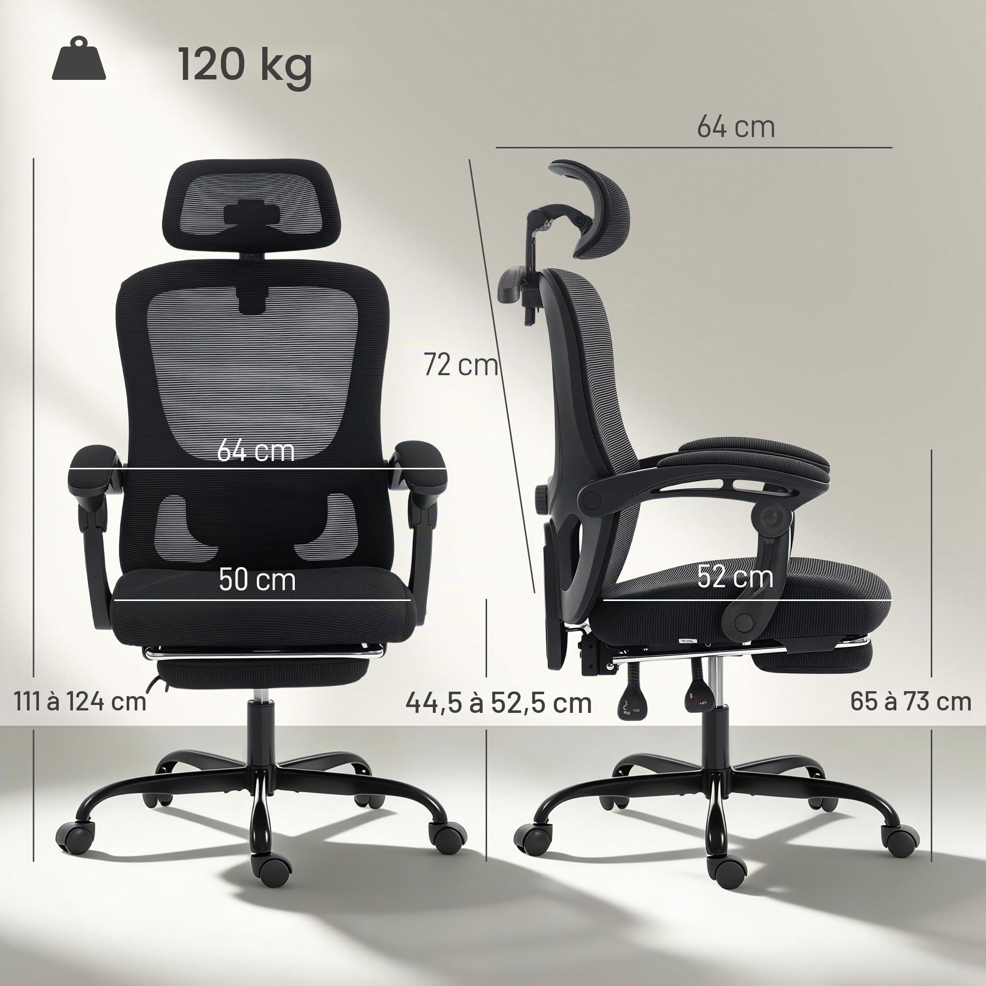 HOMCOM Chaise Bureau Ergonomique, Fauteuil de Bureau en Maille Noir