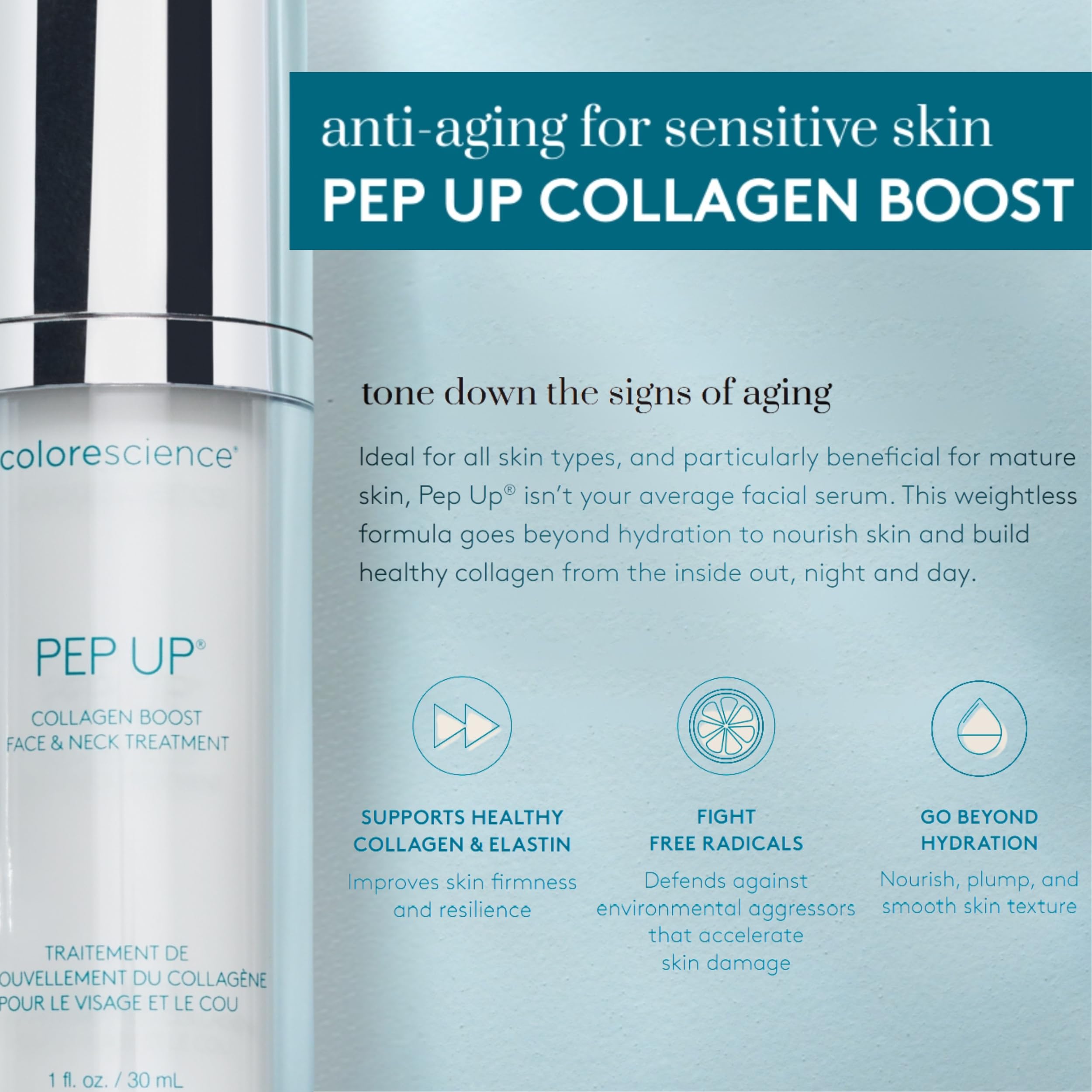 Colorescience Pep Up Collagen Renewal Face & Neck Treatment, Promotes Collagen and Elastin Production, 10 Peptides to Defend Against Signs of Aging