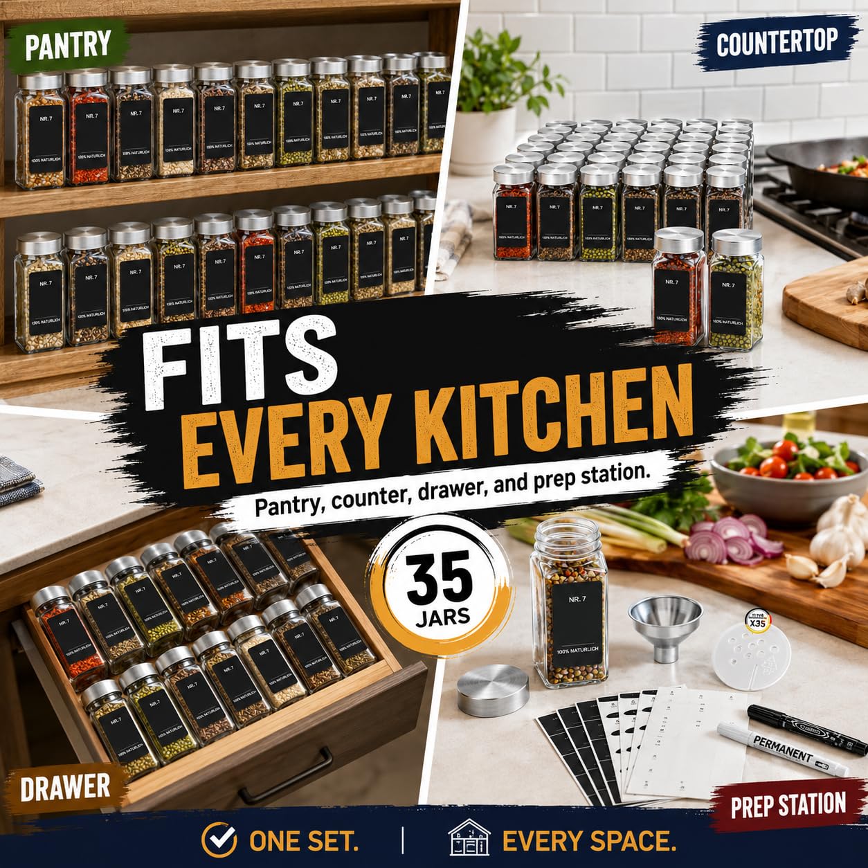 35 tarros de especias cuadrados, 120 ml botes especias cristal, con 120 etiquetas negras bellamente impresas, botes transparentes para especias cocina con tapa de acero inoxidable.