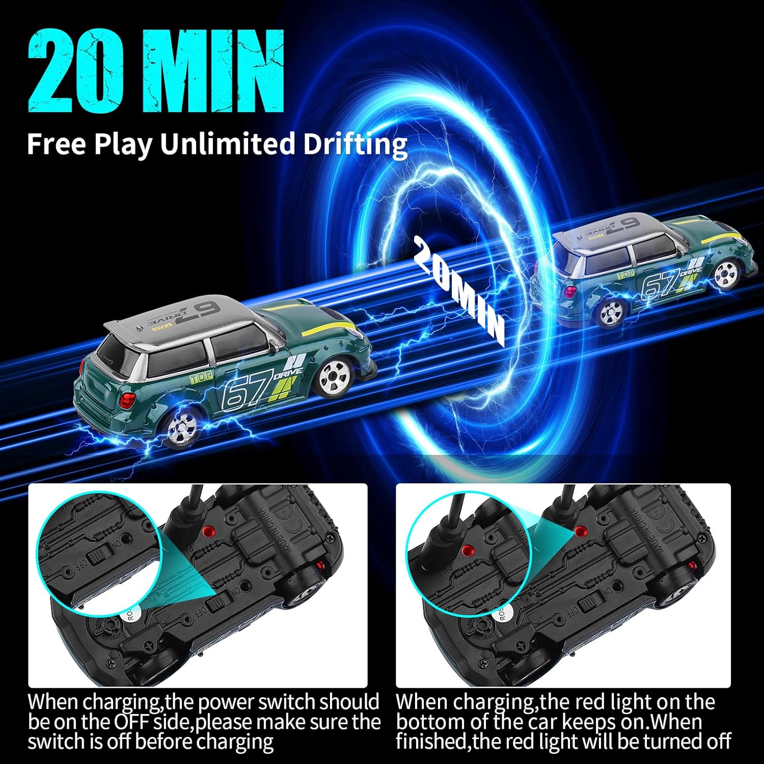 1:64 Mini RC Drift Car, 4WD Remote Control Car with LED Lights, Proportional Throttle, Multiple Drift Modes, USB Type-C Rechargeable Desktop Racing Toy for Kids & Adults