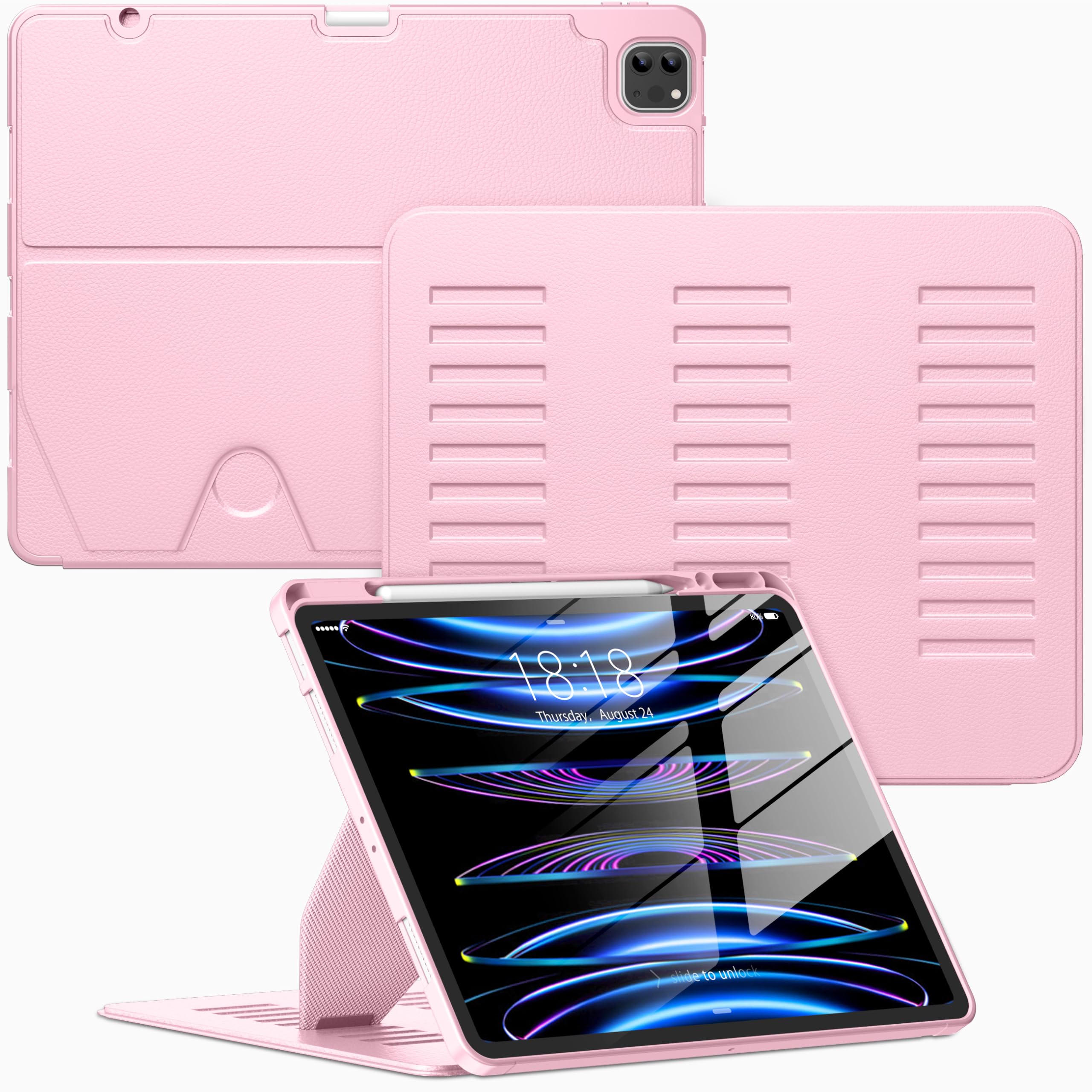 VIKESI Case for iPad Pro 12.9 6th / 5th / 4th / 3rd Generation Case 2022/2021/2020/2018,Multiple Angles Magnetic Stand Cover,Shockproof Soft Back,Pencil Holder,and Auto Sleep/Wake,Pink