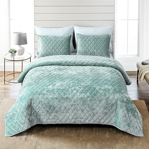 Fredsure Juego de edredón de terciopelo envejecido, 3 piezas verde salvia, tamaño King, cara de terciopelo envejecido y reverso de microfibra