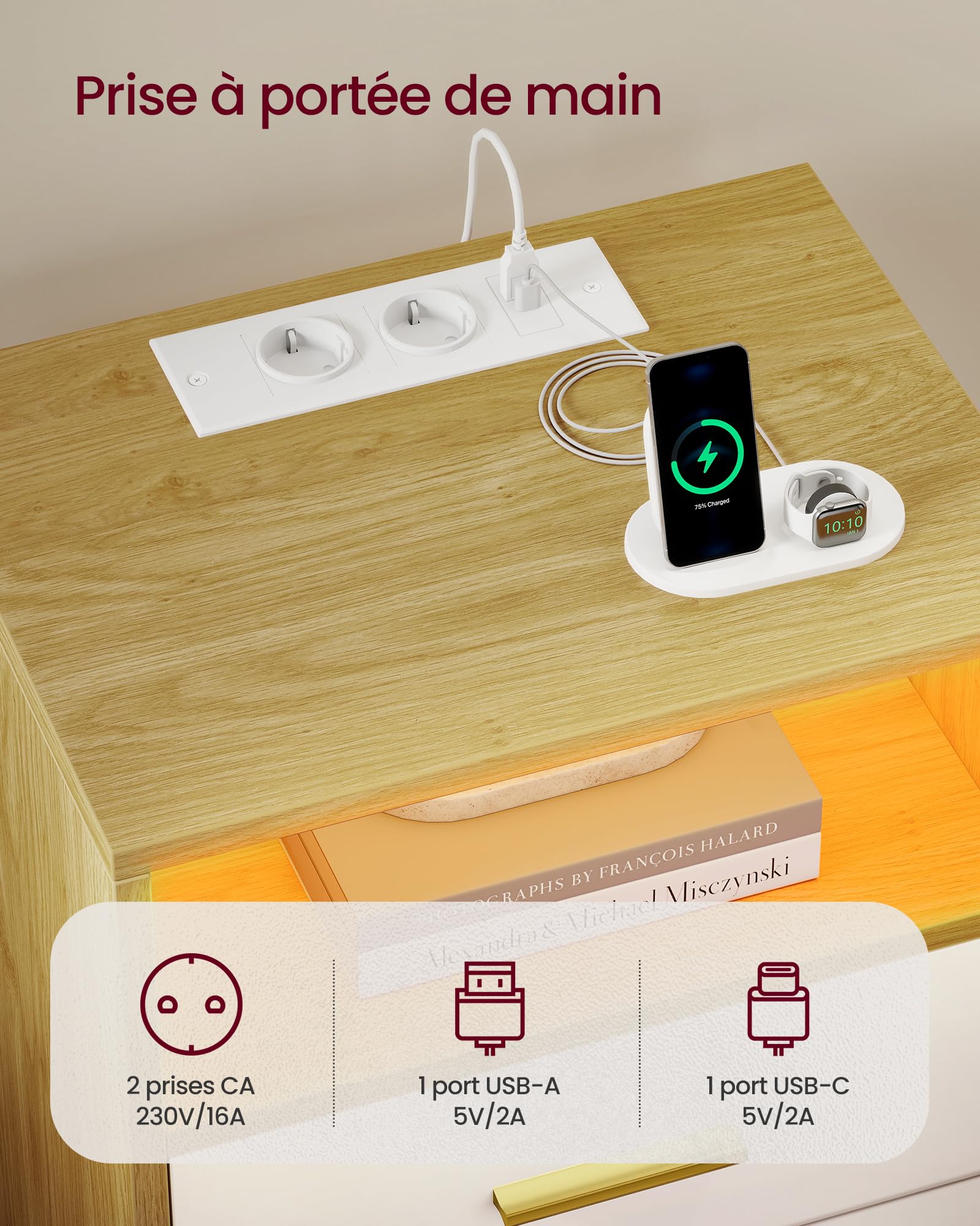 VASAGLE Custos Collection - Table de Chevet avec Multiprise, LED, Table d’Appoint avec Tiroirs, Compartiment Ouvert, 2 Prises CA, Ports USB, Jaune Paille et Blanc texturé LET829YD02