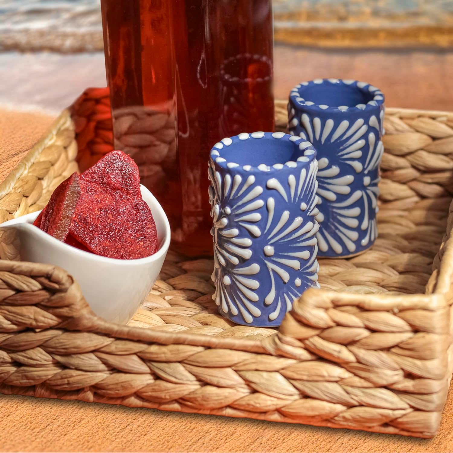 Talavera Shot Glasses Set of 4 Authentic Mexican Tequila Shot Glasses - Hand-painted - 2 Oz (White Brushstroke Blue Background) - Image 3