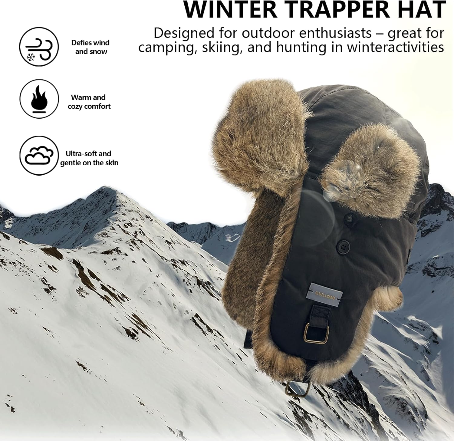 Winter Trapper Hat,100% Rabbit Fur Russian Ushanka Aviator Warm Ski Hunting Cycling Winter Hats for Men and Women