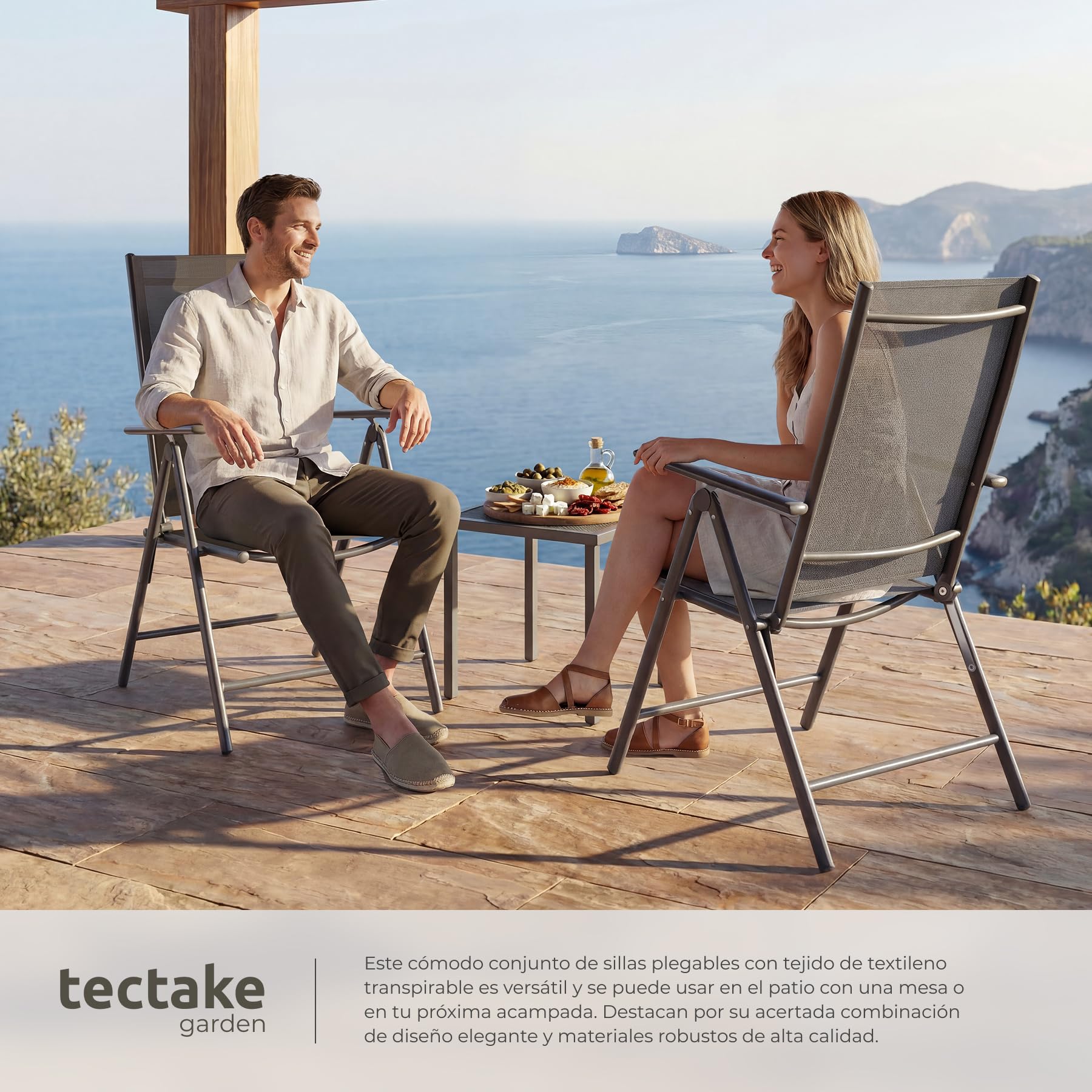 tectake® Conjunto de 2 Sillas Jardín Exterior de Aluminio, con Respaldo Regulable, Conjunto Sillas Terraza Resistentes a la Intemperie, Malla Transpirable, Fácil Limpieza - Antracita/Gris