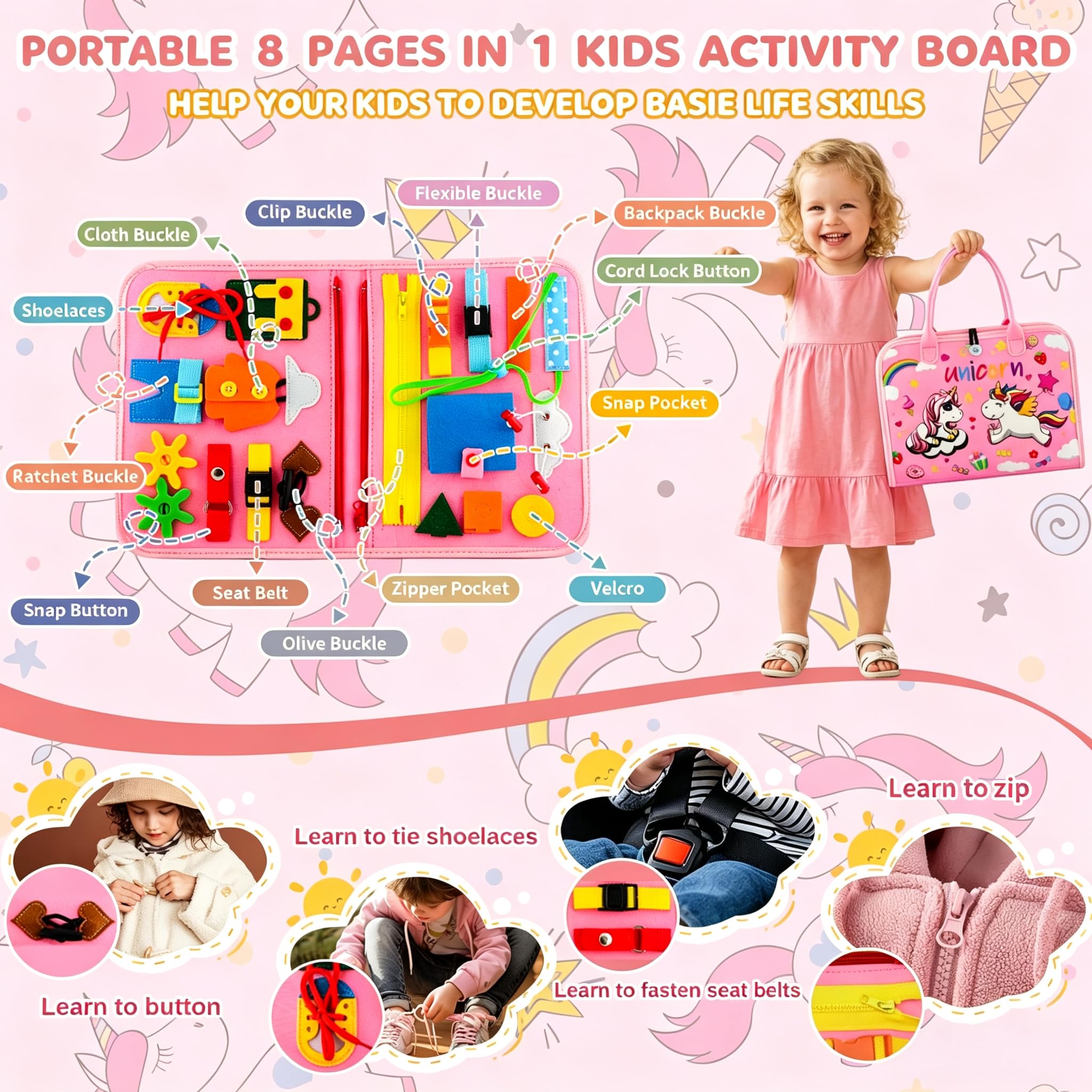 Juguetes Montessori para niños pequeños para regalos de cumpleaños (rosa-unicornio)