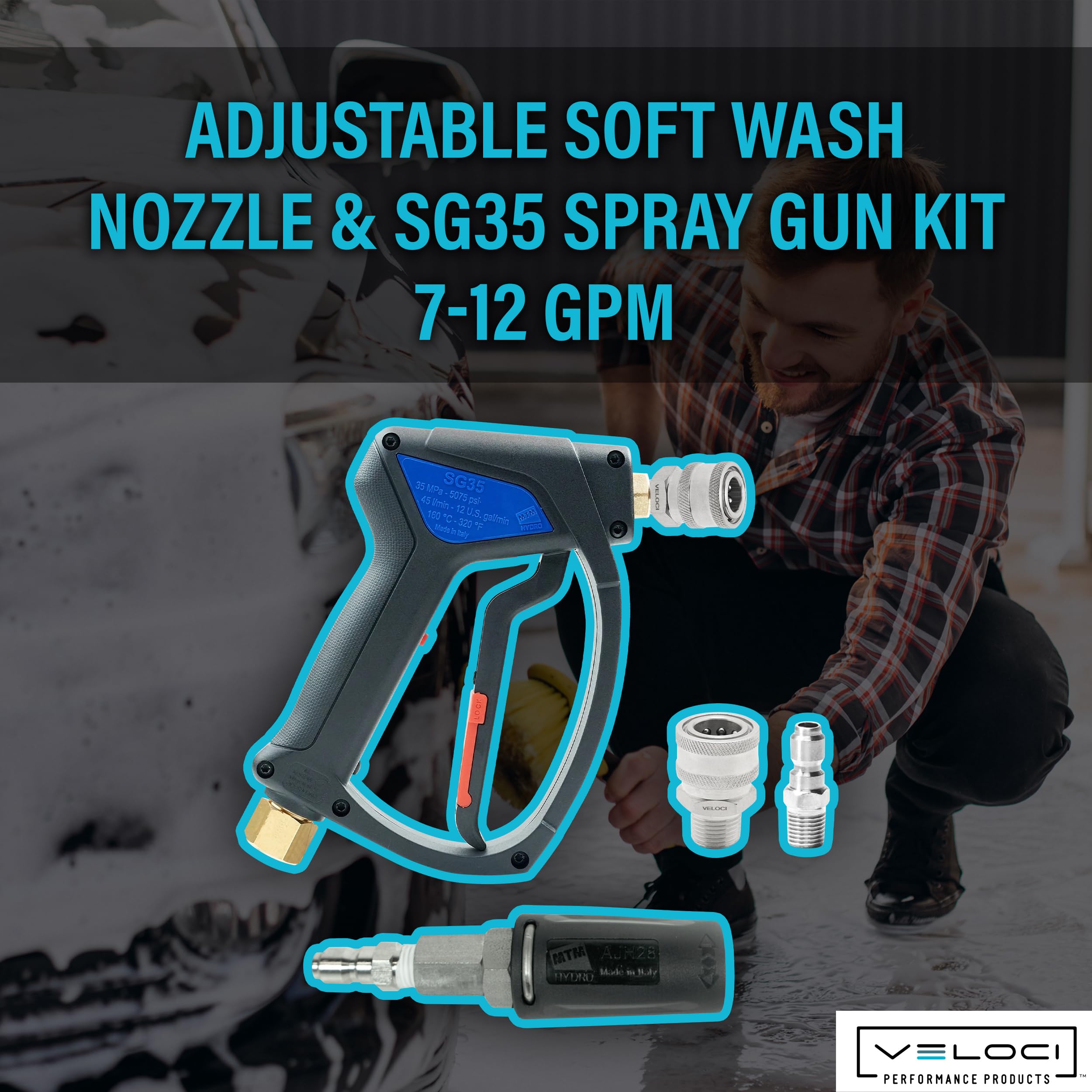 MTM Hydro AJH Soft Wash - Boquilla de ventilador ajustable de acero inoxidable y pistola de pulverización SG35 para lavadora a presión, compatible con unidades descendentes, 7-12 GPM