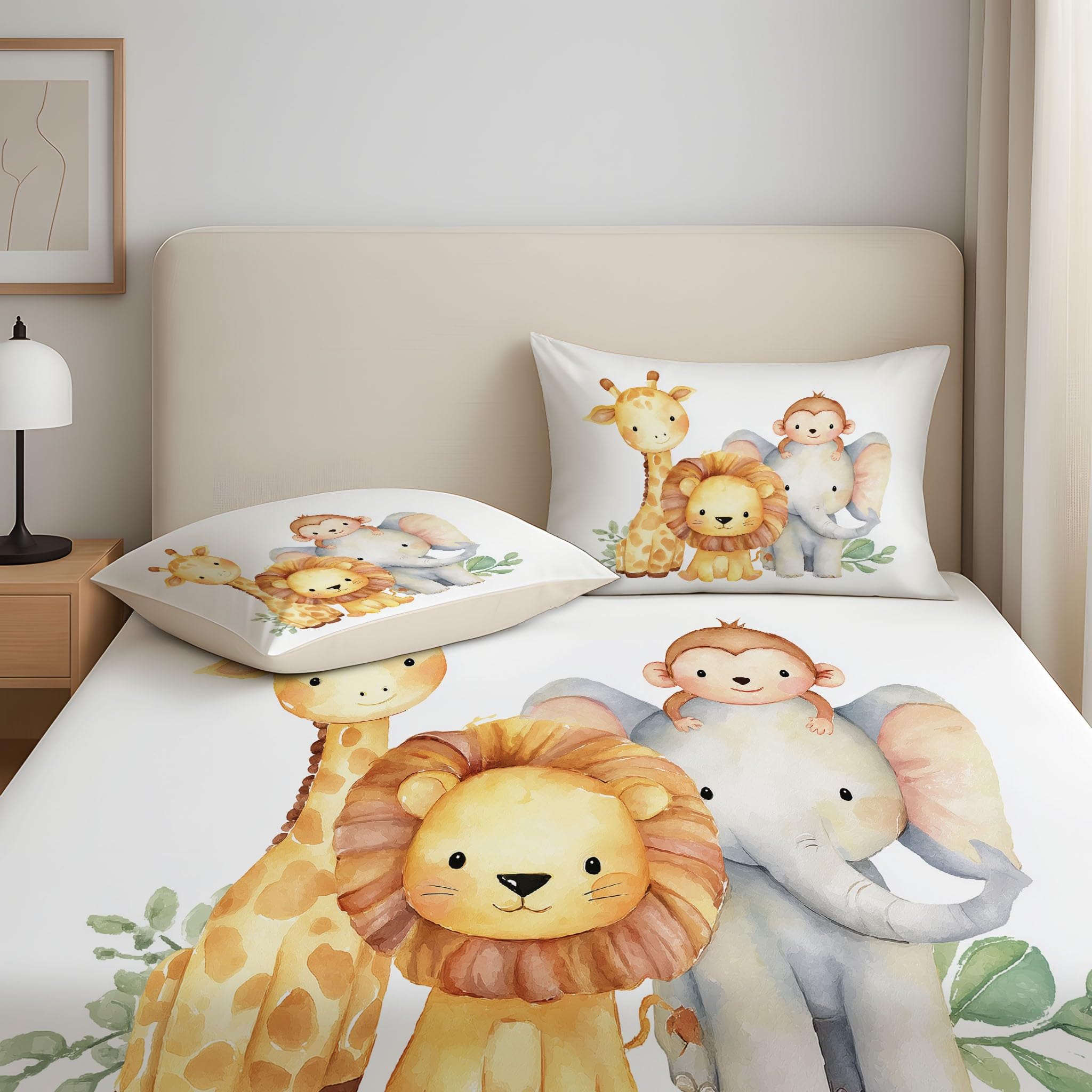 Lion, Girafe, Singe Parure de lit 90 x 200 CM - Drap-Housse Doux, Aquarelle Chambre de bébé, nurserie Housse de lit avec Poches Profondes 30 cm
