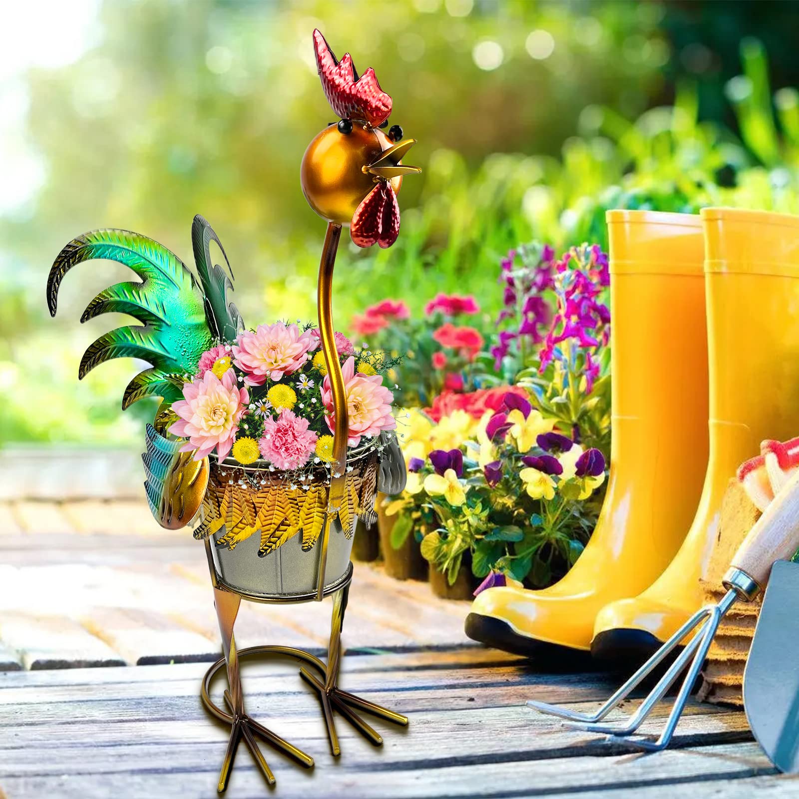 HONGLAND Metal Rooster Planter,Garden Rooster Statues Outdoor Sculpture,Rooster Plant Pot Indoor Decoration,Garden,Lawn Ornaments-23 inch