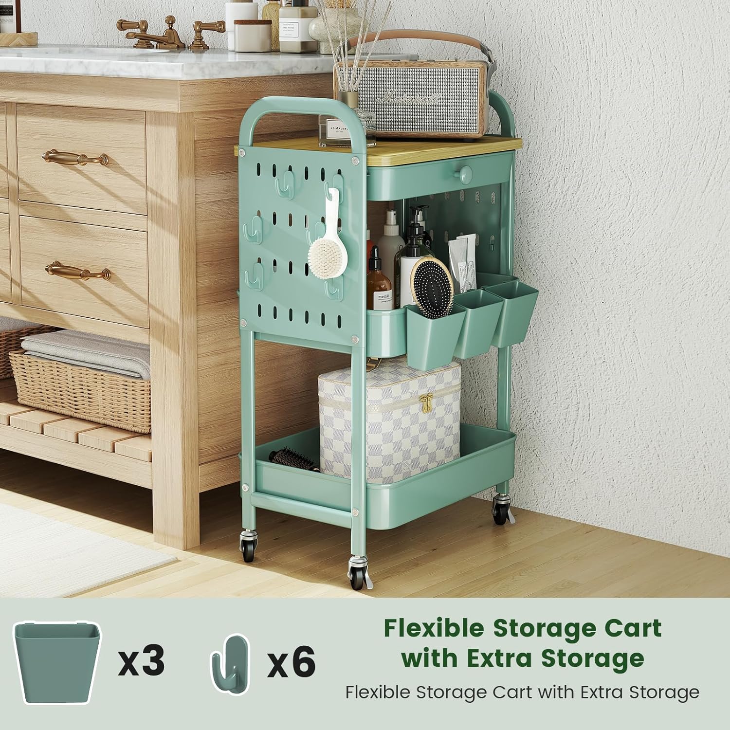 danpinera 3 Tier Rolling Cart, Metal Utility Cart with Wooden Table Top & DIY Pegboard, Rolling Carts with Drawer, Storage Cart Craft Cart with Hooks & Hanging Cups for Kitchen, Bathroom, Office