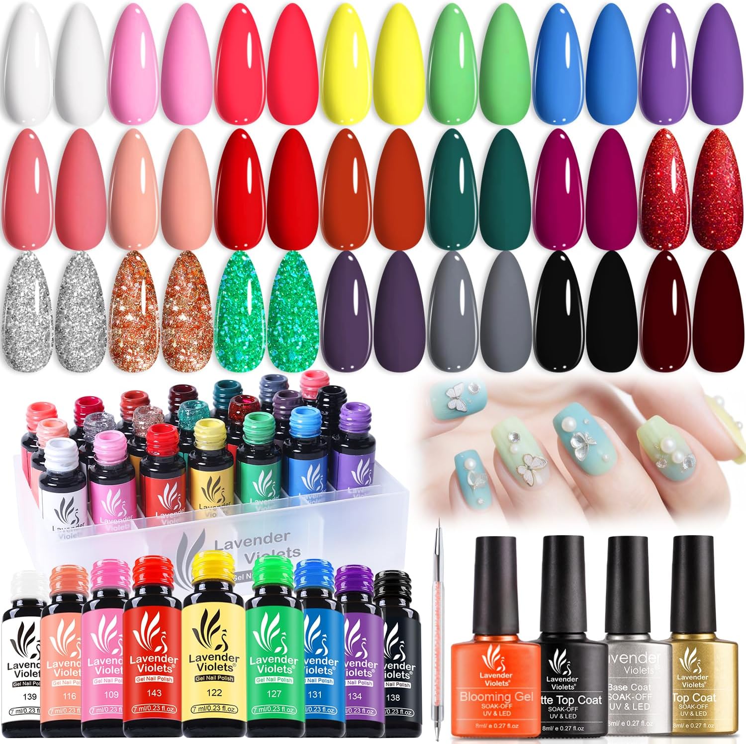 Lavender Violets 25 Pcs Gel Nail Polish Set,UV LED Soak Off Base,Glossy n Matte Top Coat,Blooming Gel Brush Pen Red Green Sliver Glittery Gold Classical White Pink Purple Grey Black Blue Nail Art C997