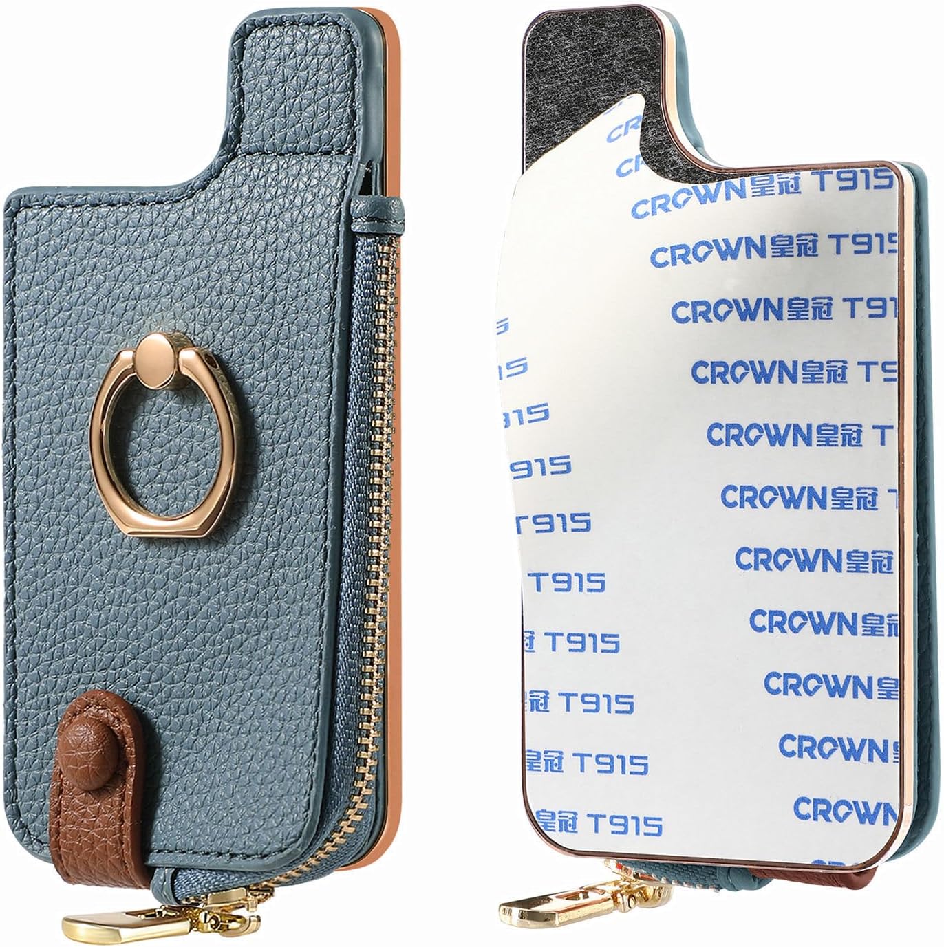 [Angel Smile] スマホ カードケース 粘着カードホルダー 貼り付け カード収納 ICカード 定期入れ 小銭入れ付き RFIDブロッキング リング付き スマホスタンド ファスナー付き コインケース かわいい 全機種対応 (ブルー)