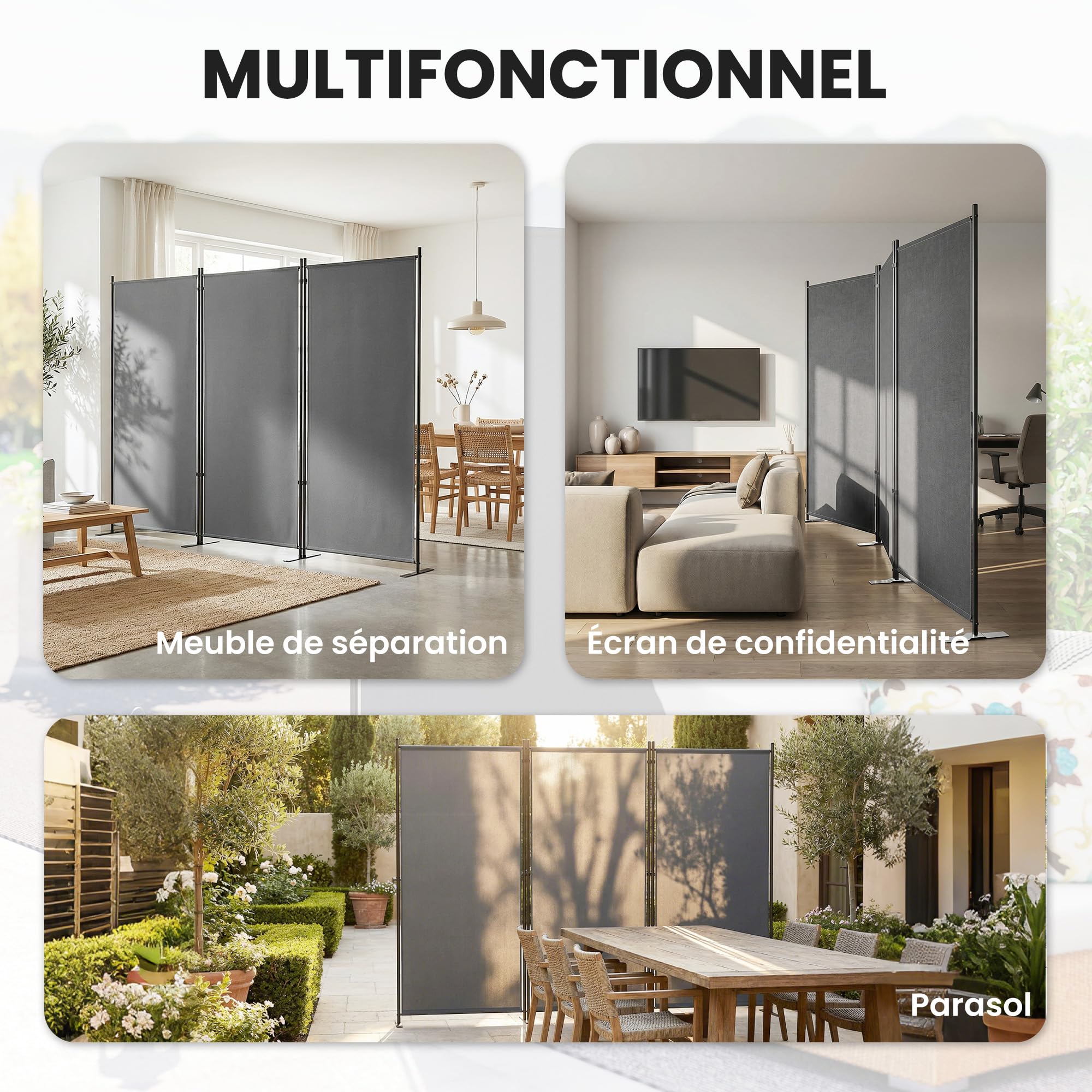Outsunny Paravent de Jardin 3 Volets Brise-Vue 260x180cm Gris Foncé | Extérieur, Séparateur de Pièce Occultant, Pieds en Métal Stable, Cloison Amovible, Protection UV, pour Balcon Terrasse