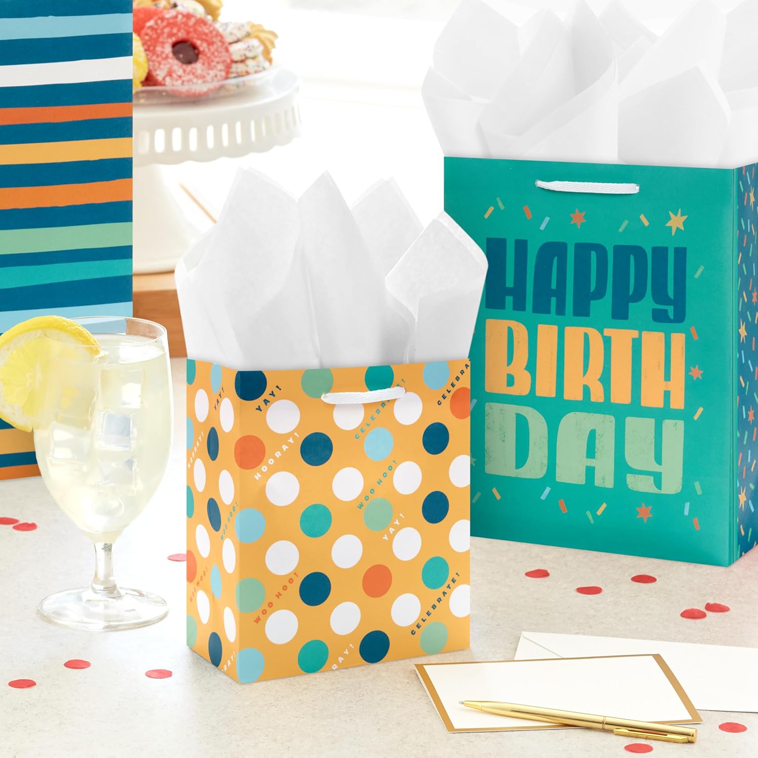 Hallmark Teal and Yellow Birthday Gift Bag Assortment (8 Bags: 3 Small 6", 3 Medium 9", 2 Large 13") Dots, Stripes, Happy Birthday - Image 2