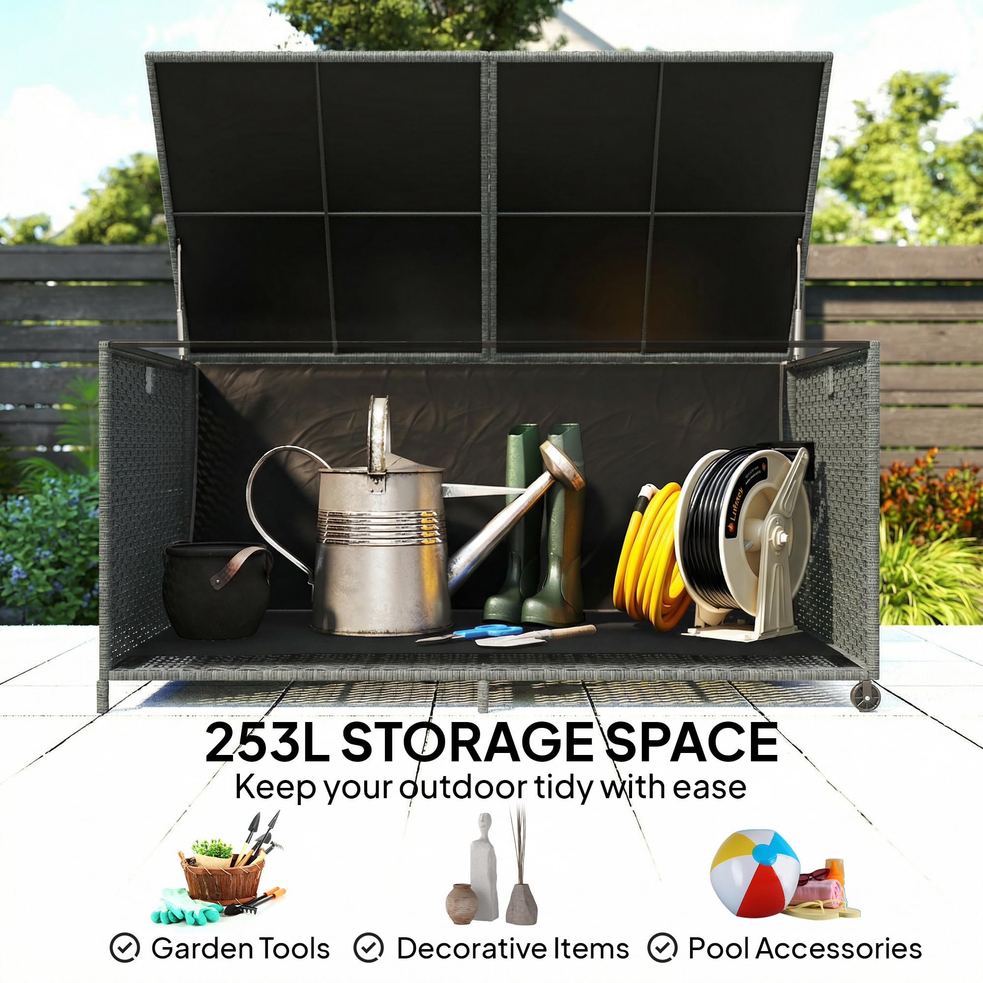 Outsunny 162 Gallon Rattan Deck Box with Wheels, Wicker Outdoor Storage Box with Waterproof Zippered Liner, Safe Pneumatic Rods, Patio Rattan Storage Container for Gardening Tools - 3