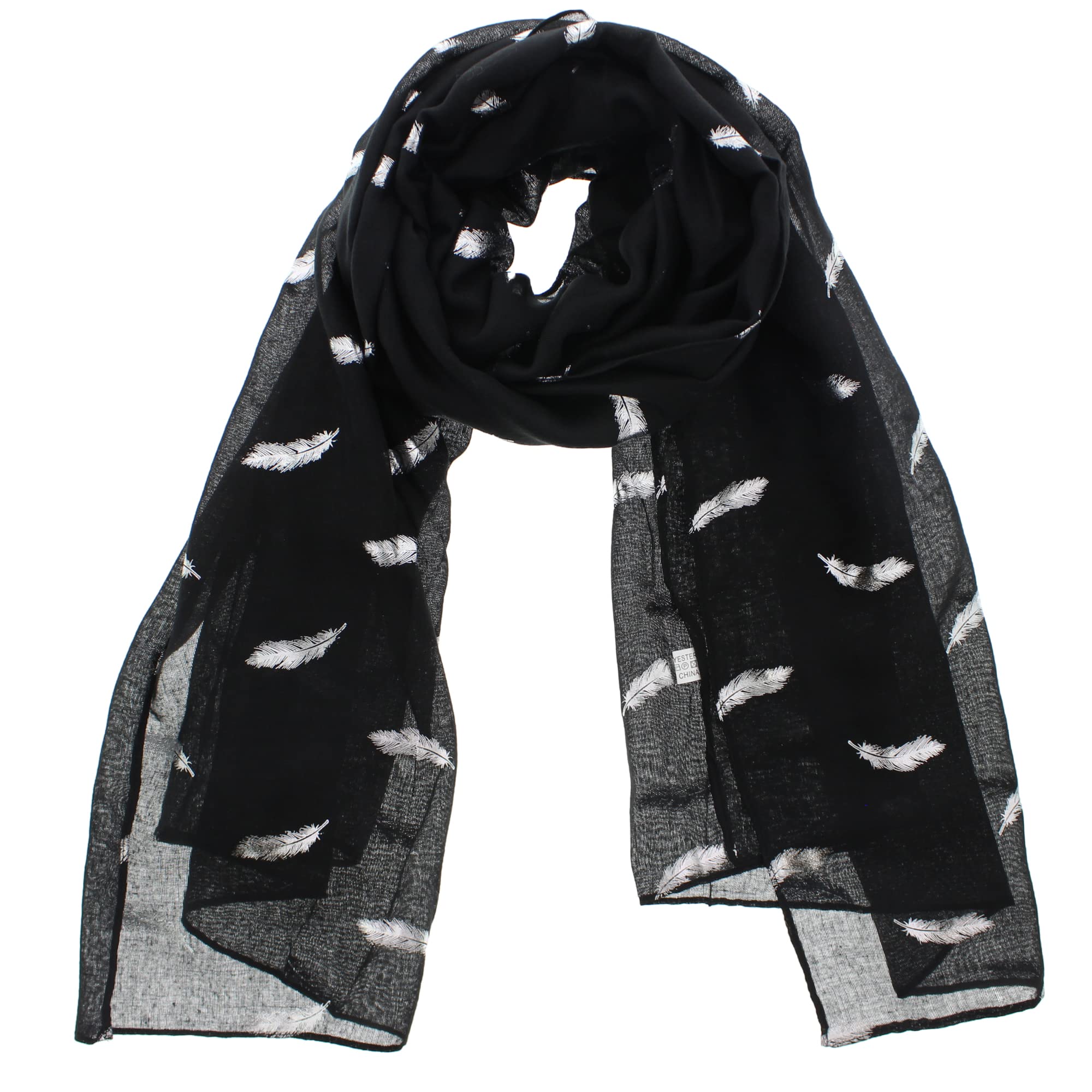 Zac's Alter Ego Women's Black With Silver Feathers Scarf With Silver Metallic Foil Mini Feather Print