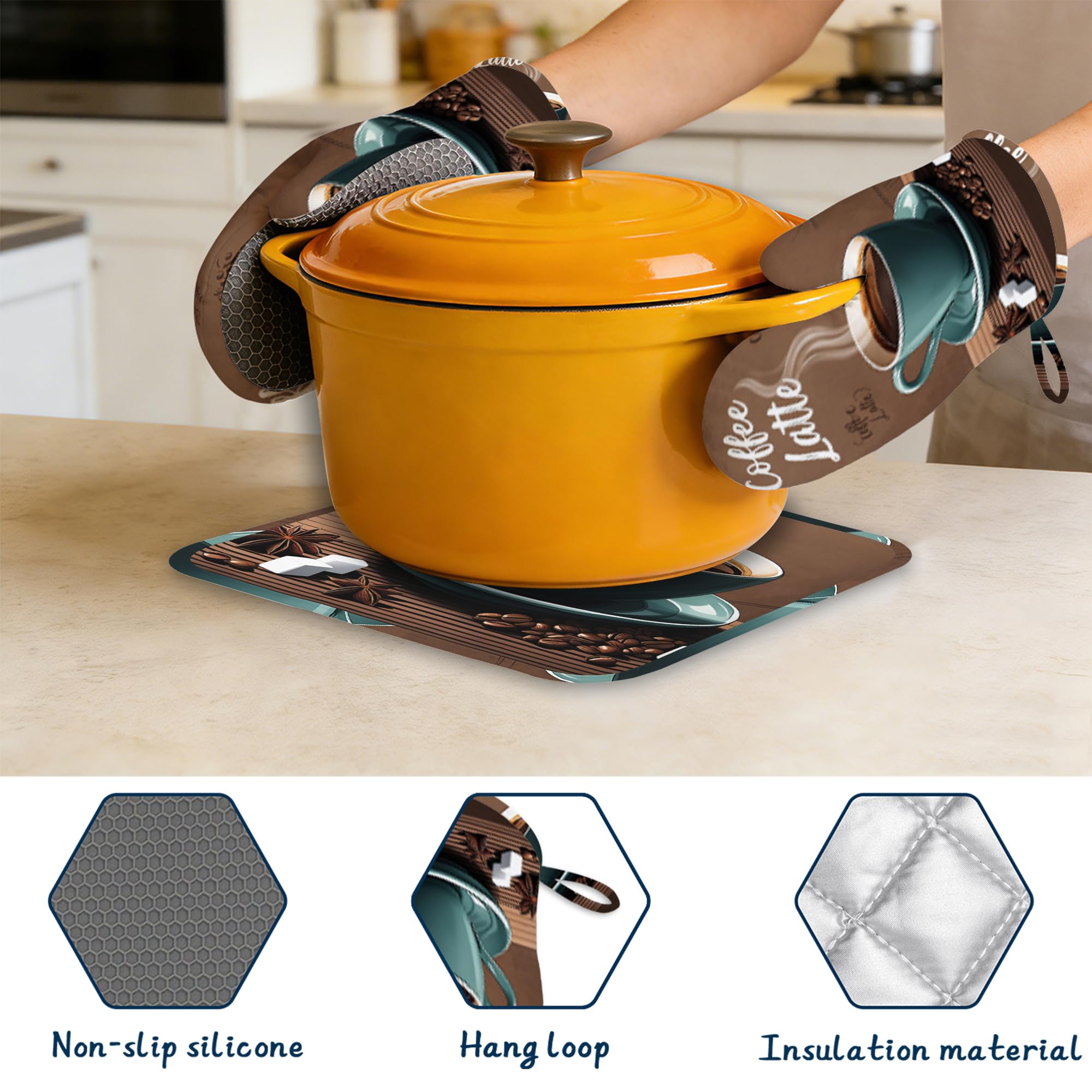 Juego de manoplas de horno y soportes para ollas, juego de guantes de cocina de algodón grueso retro para café, manoplas de silicona antideslizantes impermeables para hornear, bonito juego de