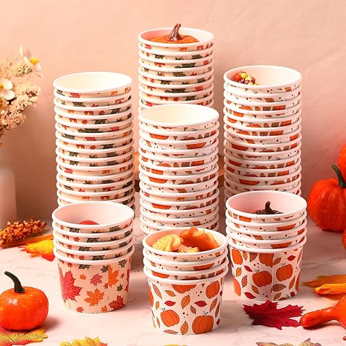 Miniatura 7 de Sliner 100 cuencos de papel con temática de otoño de 9 onzas para postre y Día de Acción de Gracias, tazas desechables para helado de hoja de arce,