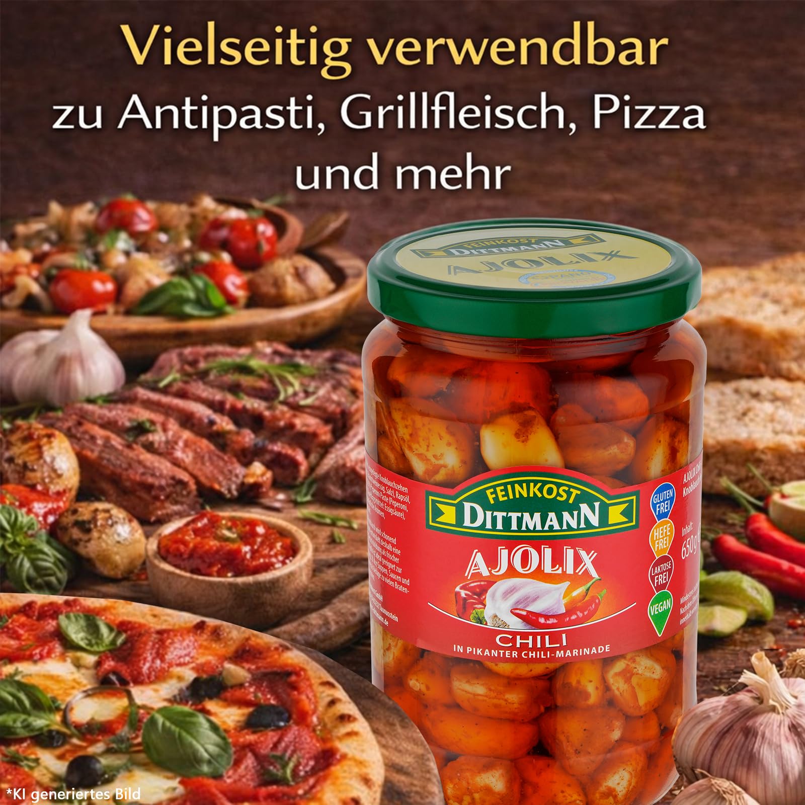Feinkost Dittmann Ajolix Chili Knoblauch 650g 3er Pack – Antipasti | pikant eingelegte Knoblauchzehen in Chili-Pflanzenöl – verzehrfertig für Salate & mediterrane Küche