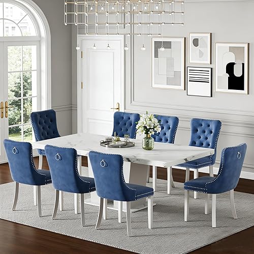 Henf 63"-79" Extendable Dining Room Table and Chairs Set for 8, 9 Pieces Faux Marble Kitchen Table Set with 8 Blue Chairs Set, Modern Large Expandable Dinner Table Set with White Double Columns Base