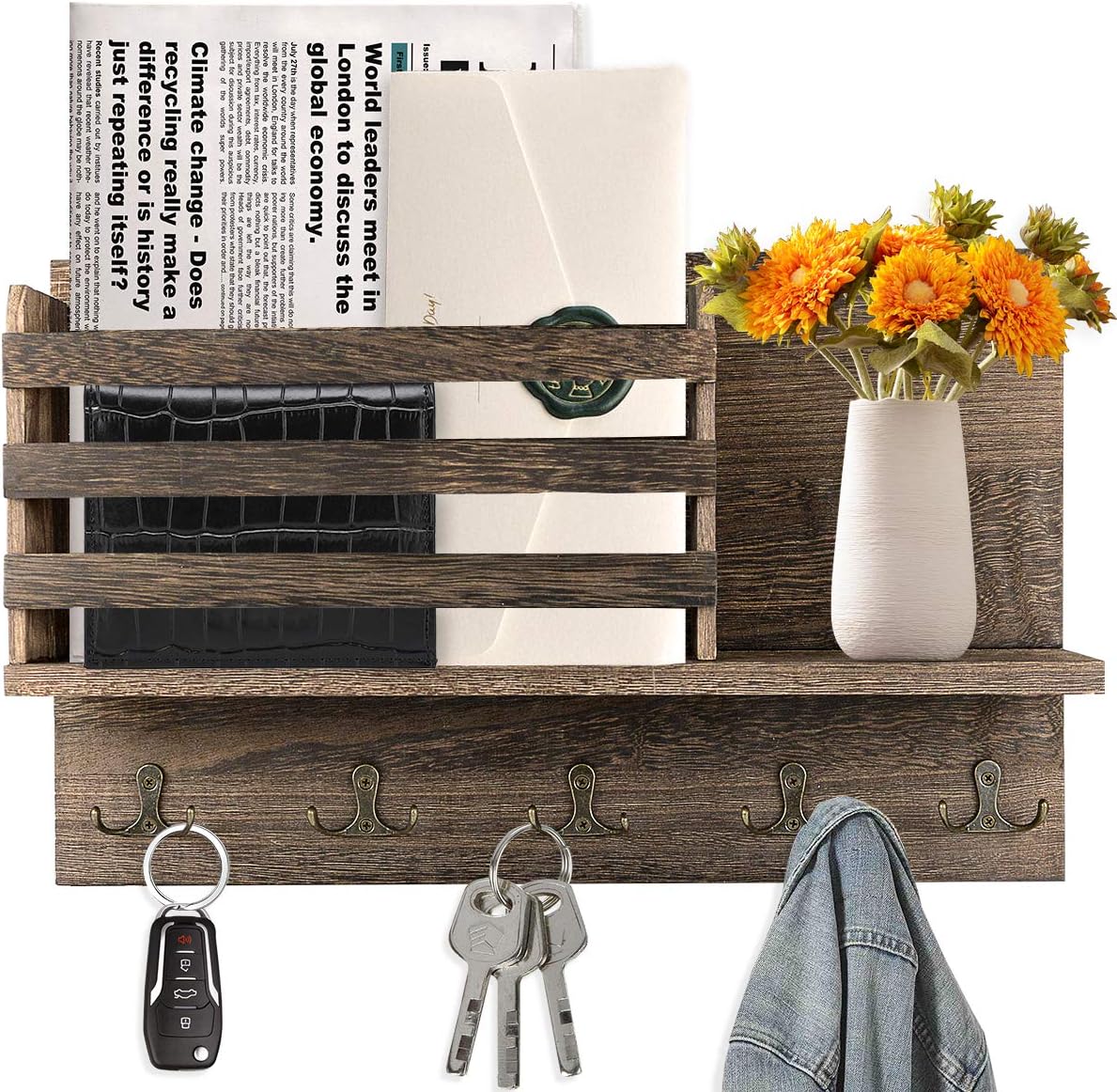 Key Holder for Wall Wooden Key Rack with Shelf Rustic Key Mail Holder Organizer with 4 Dual Key Hooks for Hat Handbags Hanging Coat Rack Hme Decor for Entryway, Bathroom and Kitchen, Fire Color: Home Improvement